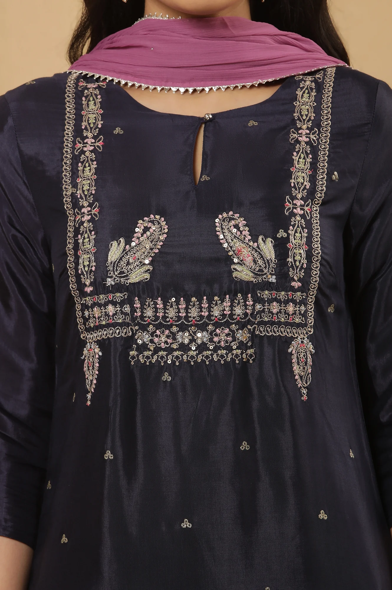 Blue Shantung Embroidered Kurta, Pants And Dupatta Set - Image 6