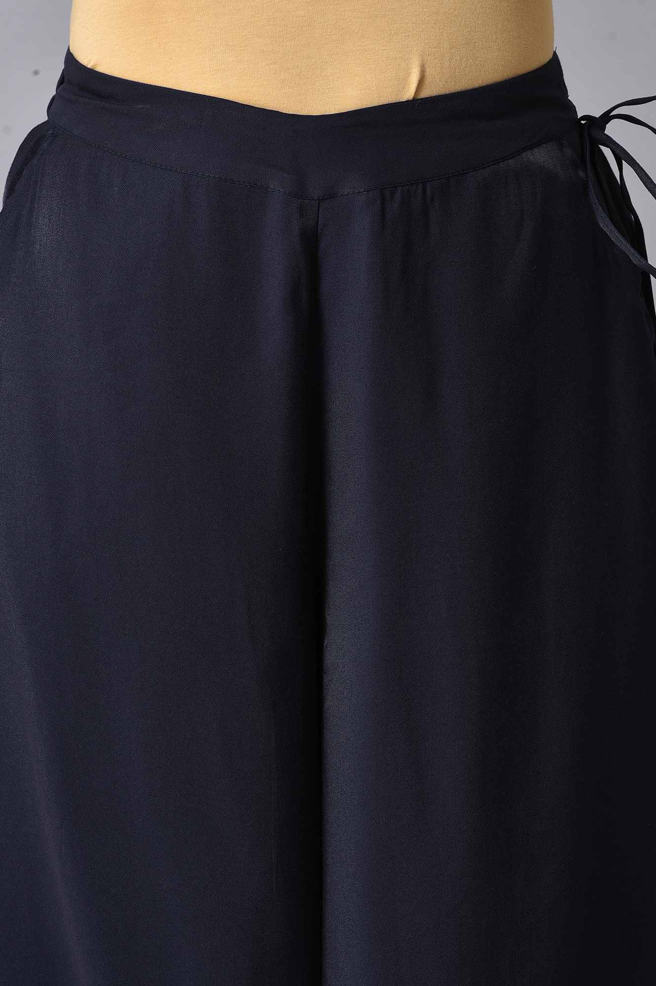 Navy Blue Solid Flared Rayon Culottes with Drawstring Detail - Image 6