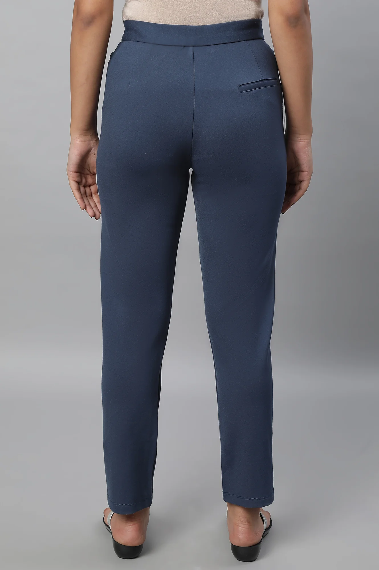 Blue Solid Straight-fit Knit Trousers with Pintuck Detail - Image 2