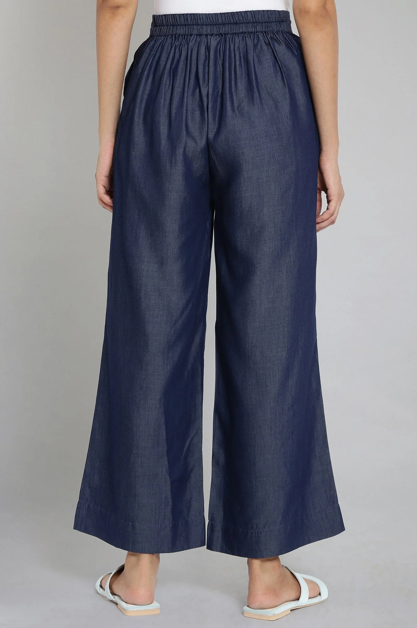 Navy Blue Solid Straight-fit Tencel Palazzo with Elasticated Waistband - Image 2