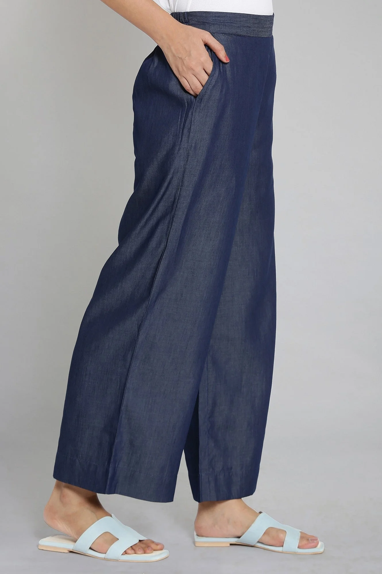 Navy Blue Solid Straight-fit Tencel Palazzo with Elasticated Waistband - Image 4