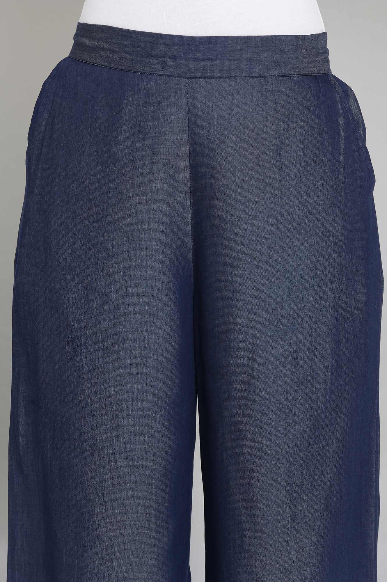 Navy Blue Solid Straight-fit Tencel Palazzo with Elasticated Waistband - Image 6