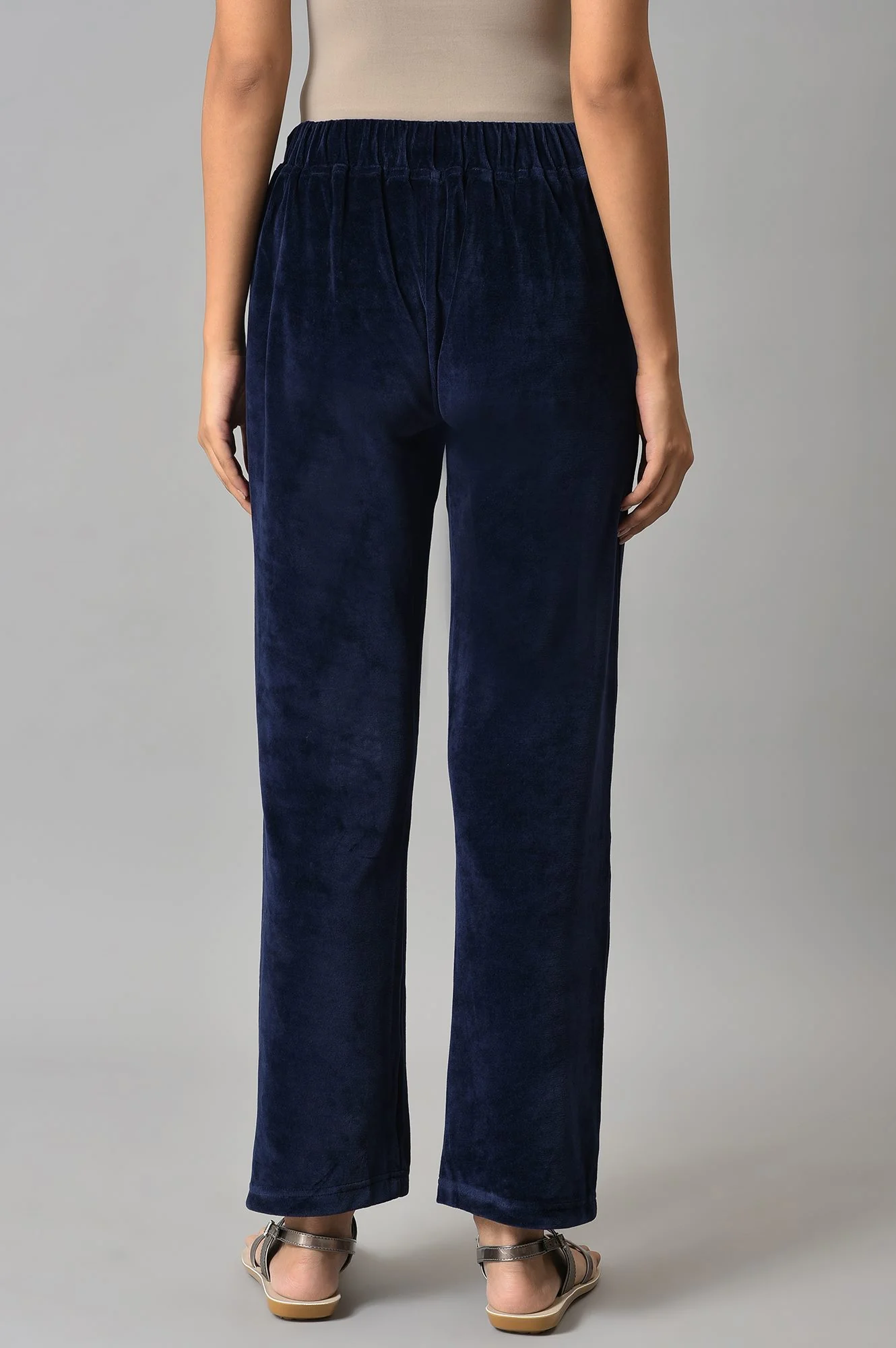 Navy Blue Solid Straight Fit Cotton Trousers With Elasticated Waist - Image 2