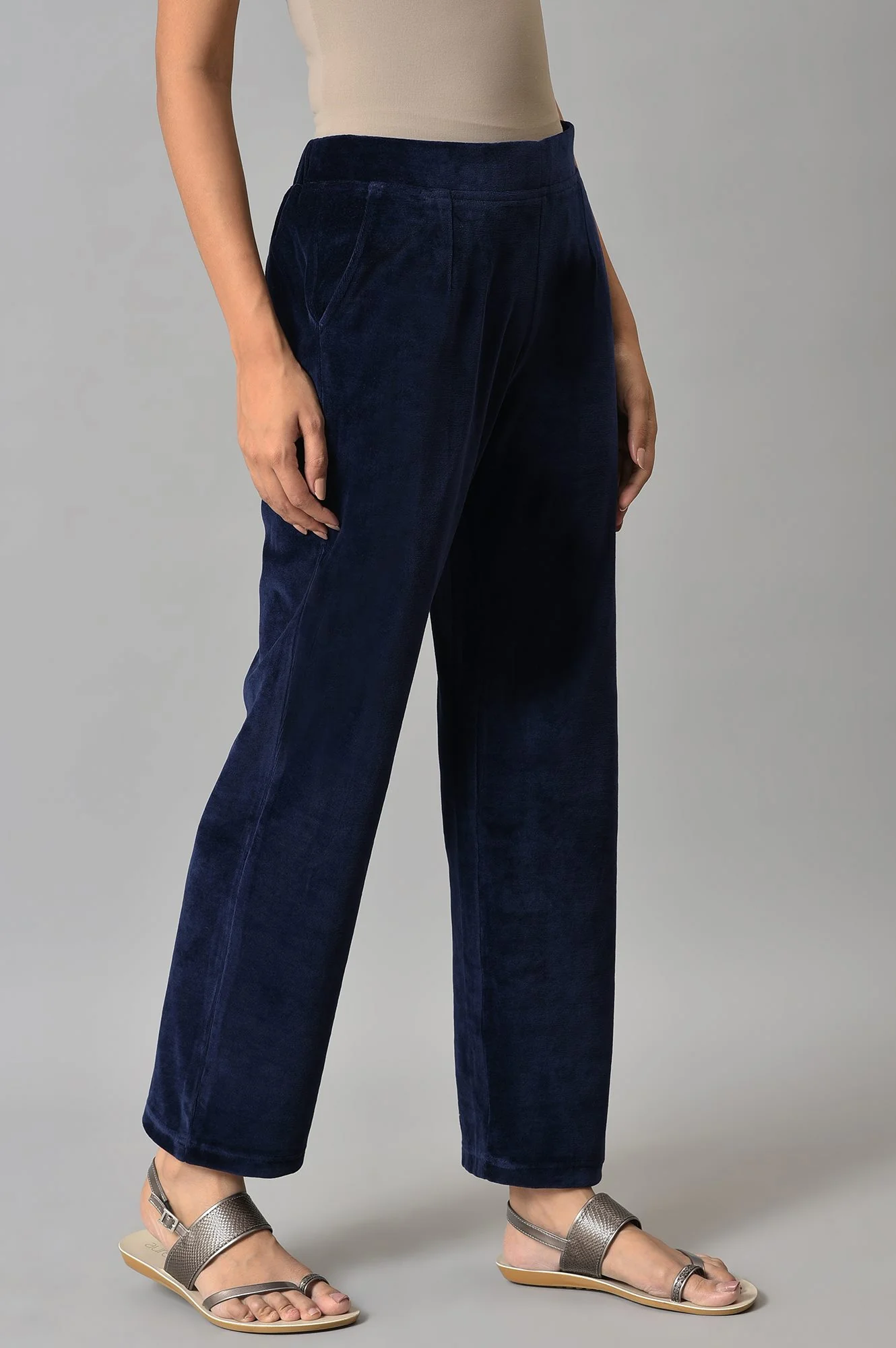 Navy Blue Solid Straight Fit Cotton Trousers With Elasticated Waist - Image 4