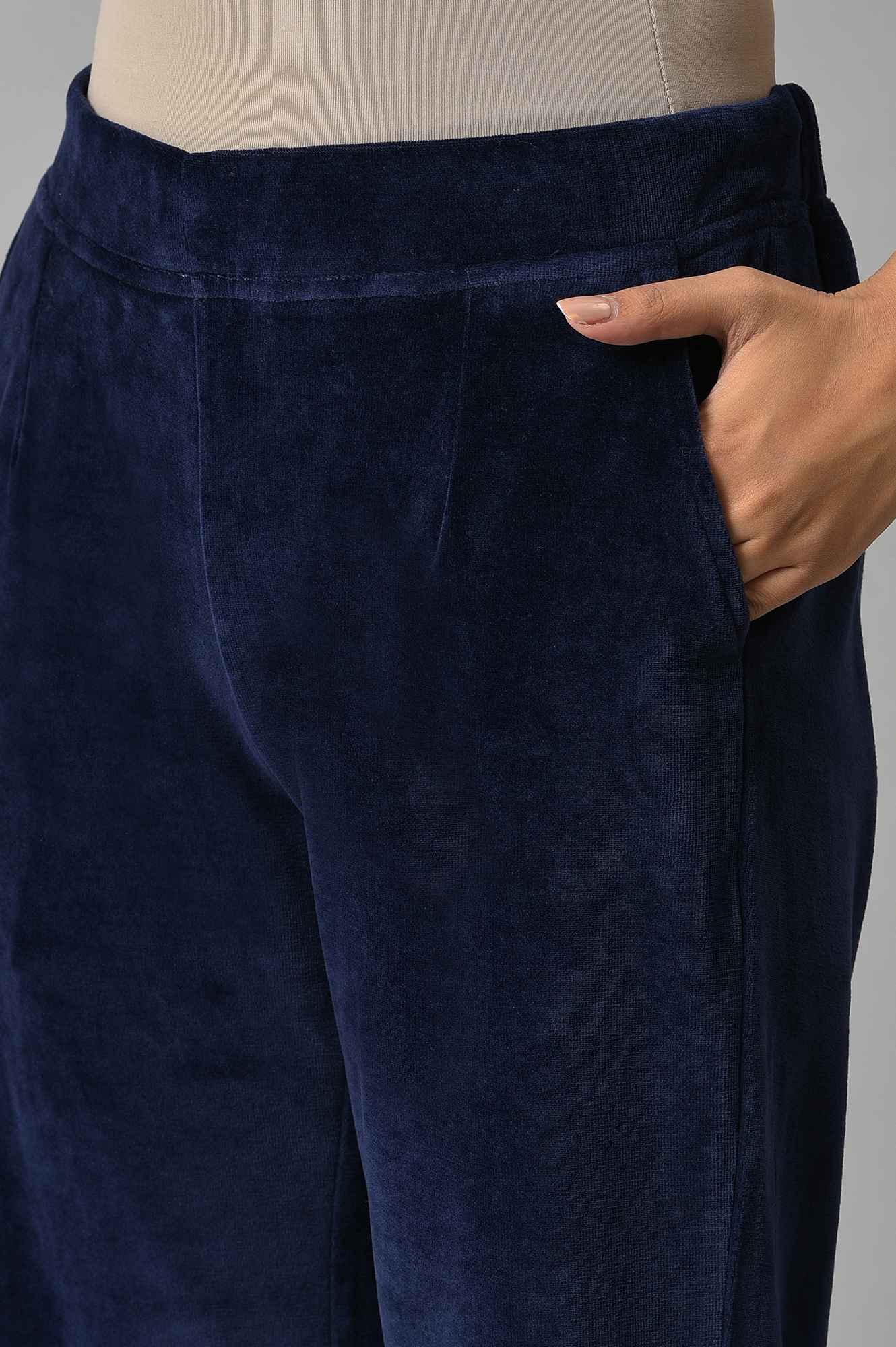 Navy Blue Solid Straight Fit Cotton Trousers With Elasticated Waist - Image 7