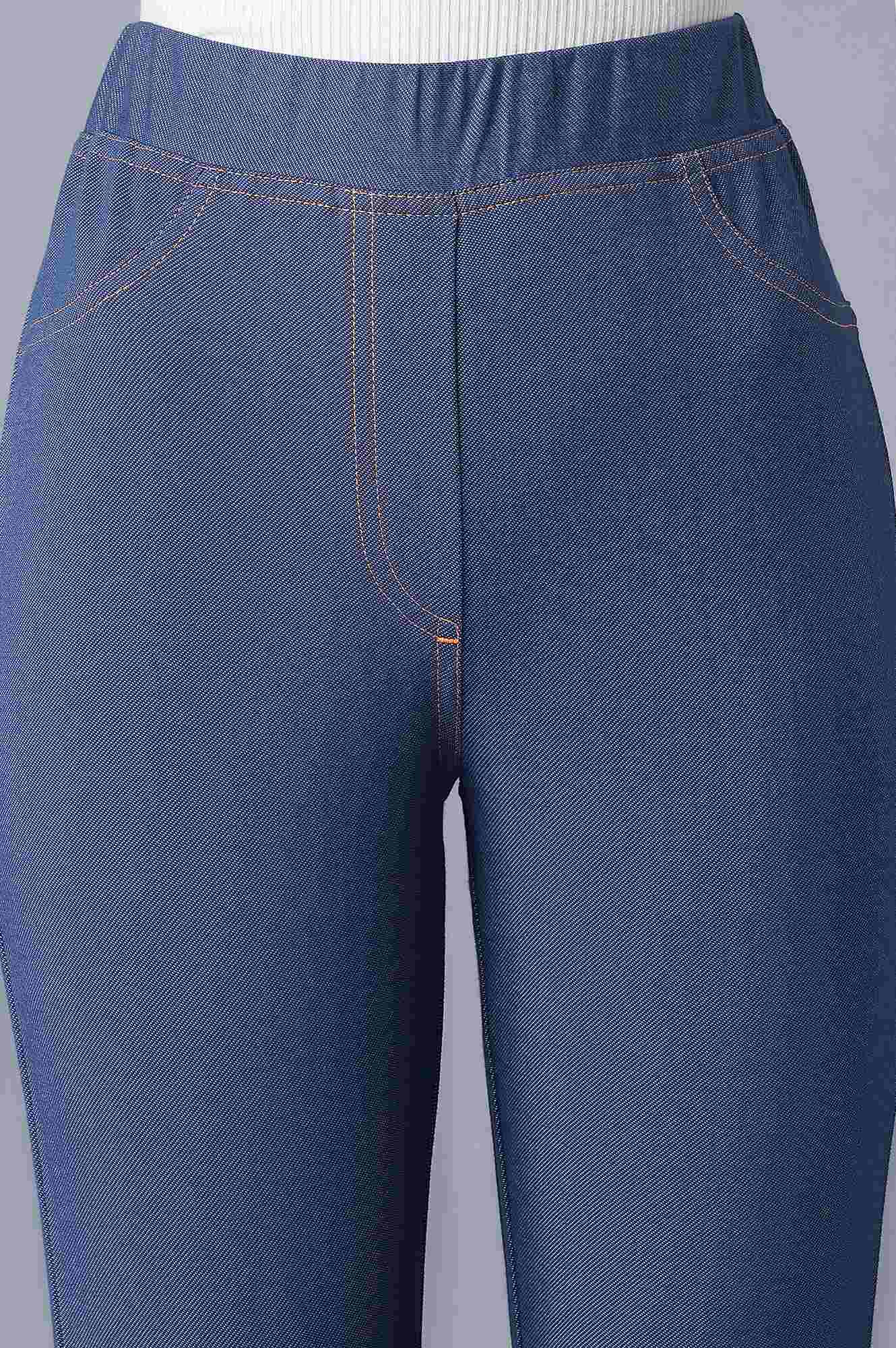 Blue Solid Skinny Fit Cotton Jeggings With Elasticated Waist - Image 6