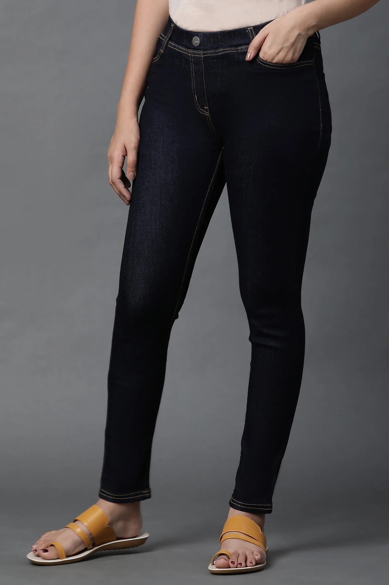 Mid Blue Solid Skinny Fit Denim Jeggings with Elasticated Waistband - Image 2