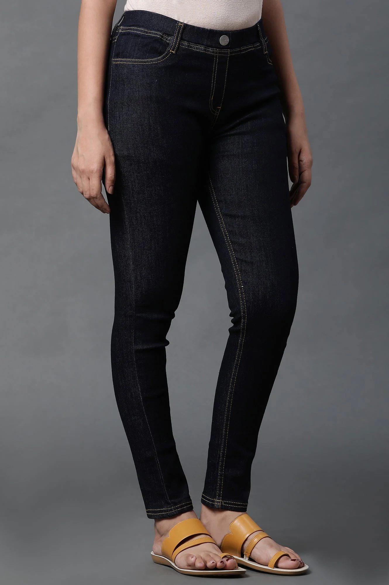 Mid Blue Solid Skinny Fit Denim Jeggings with Elasticated Waistband - Image 4