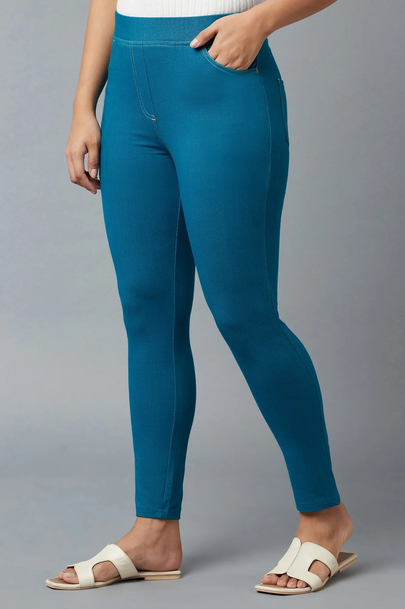 Ocean Blue Solid Skinny Fit Cotton Jeggings with Elasticated Waistband - Image 3