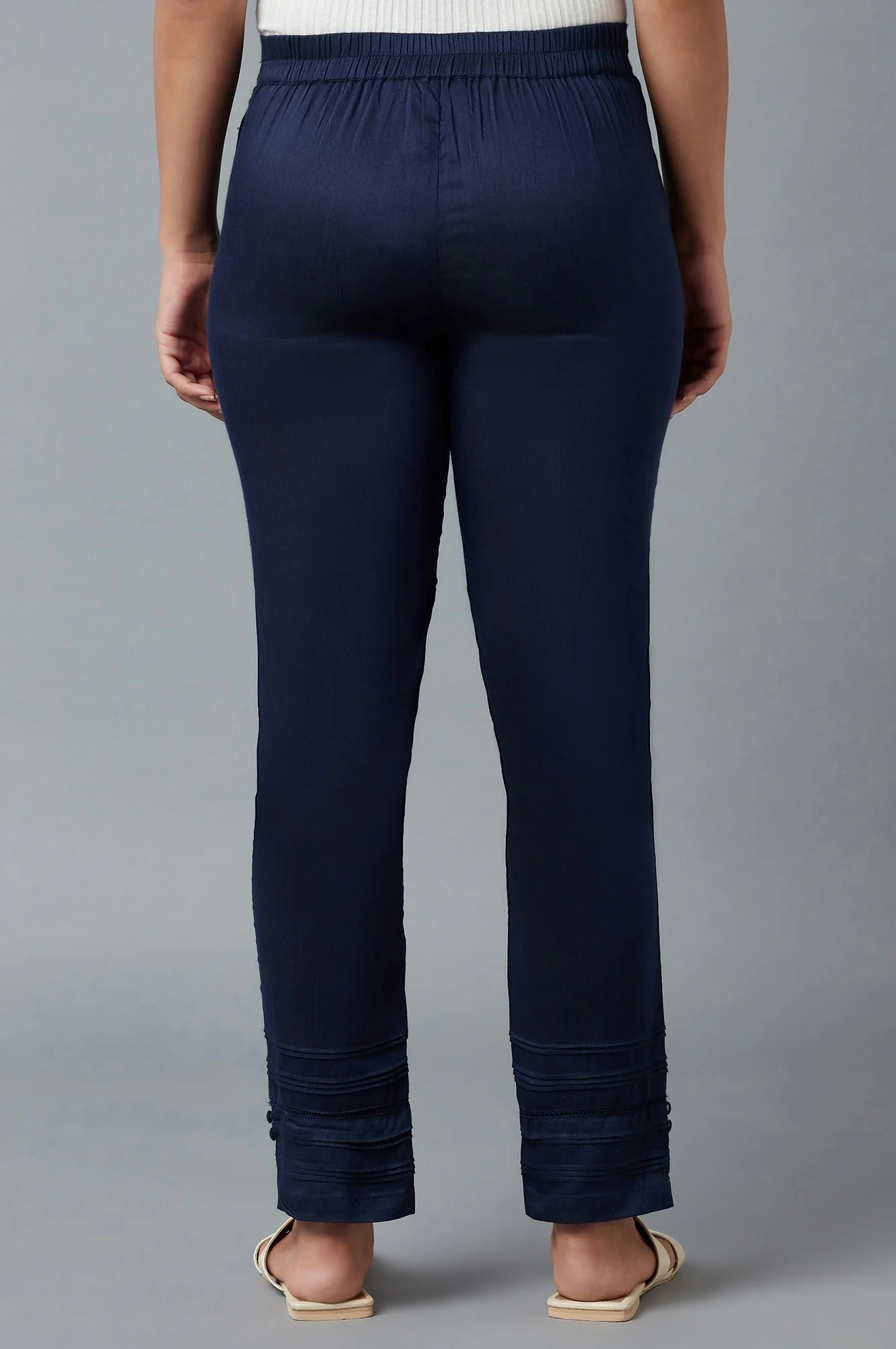 Navy Blue Solid Straight Fit Trousers With Elasticated Waist - Image 2