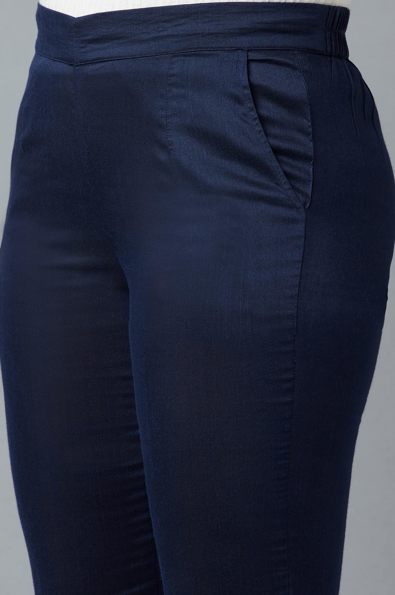 Navy Blue Solid Straight Fit Trousers With Elasticated Waist - Image 6