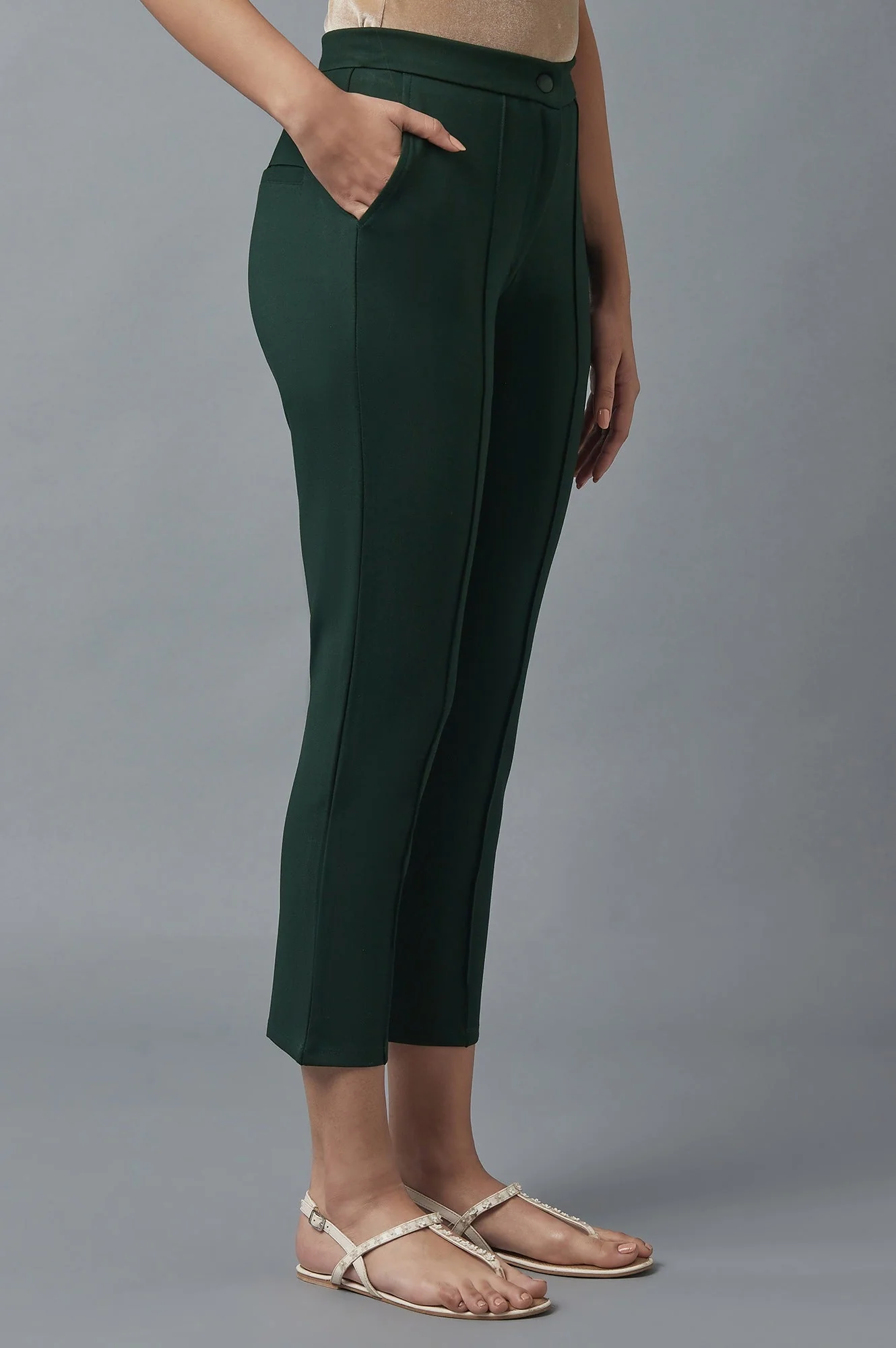 Bottle Green Solid Straight Fit Trousers With Pintuck Detail - Image 4