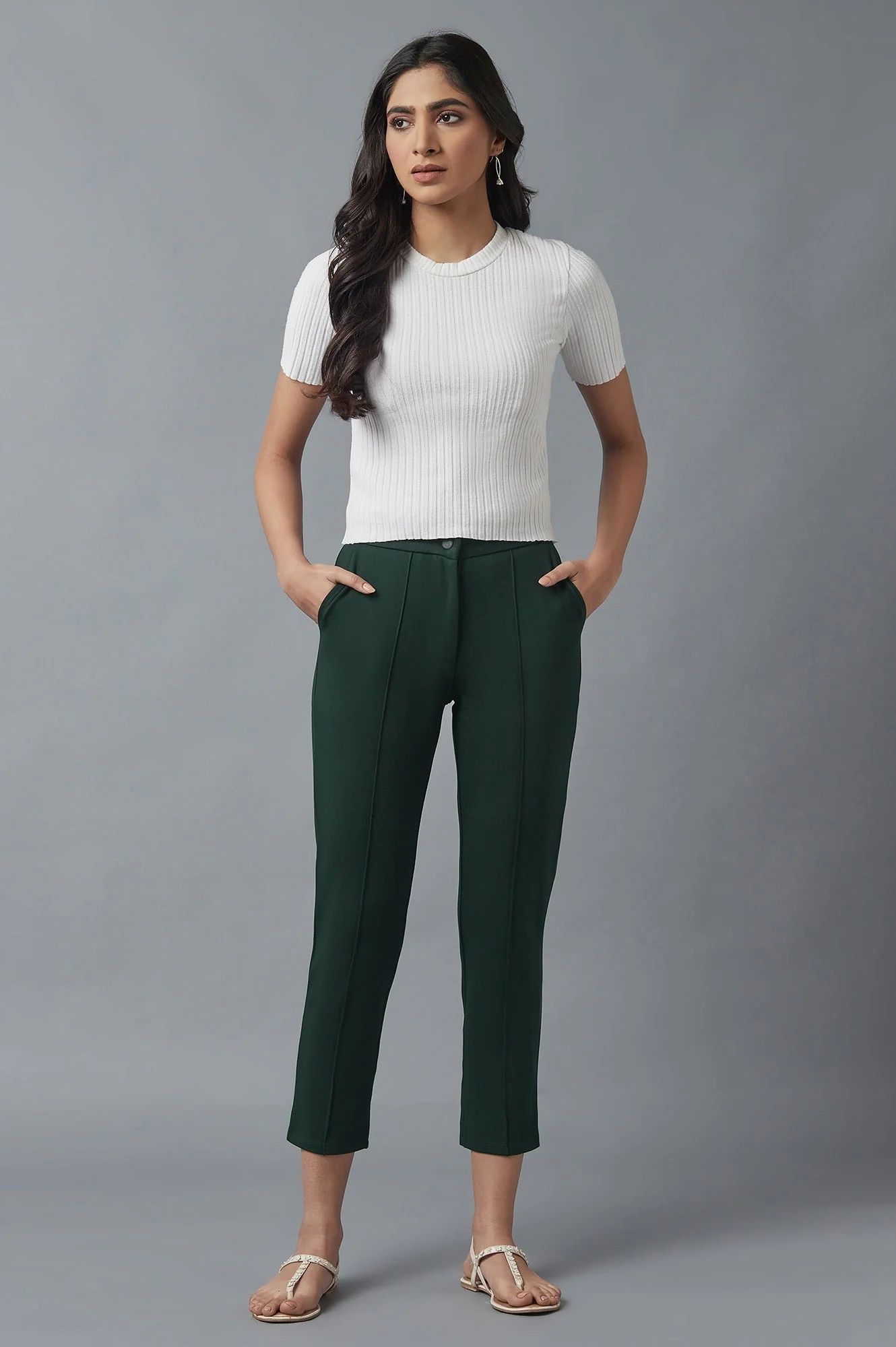 Bottle Green Solid Straight Fit Trousers With Pintuck Detail - Image 5