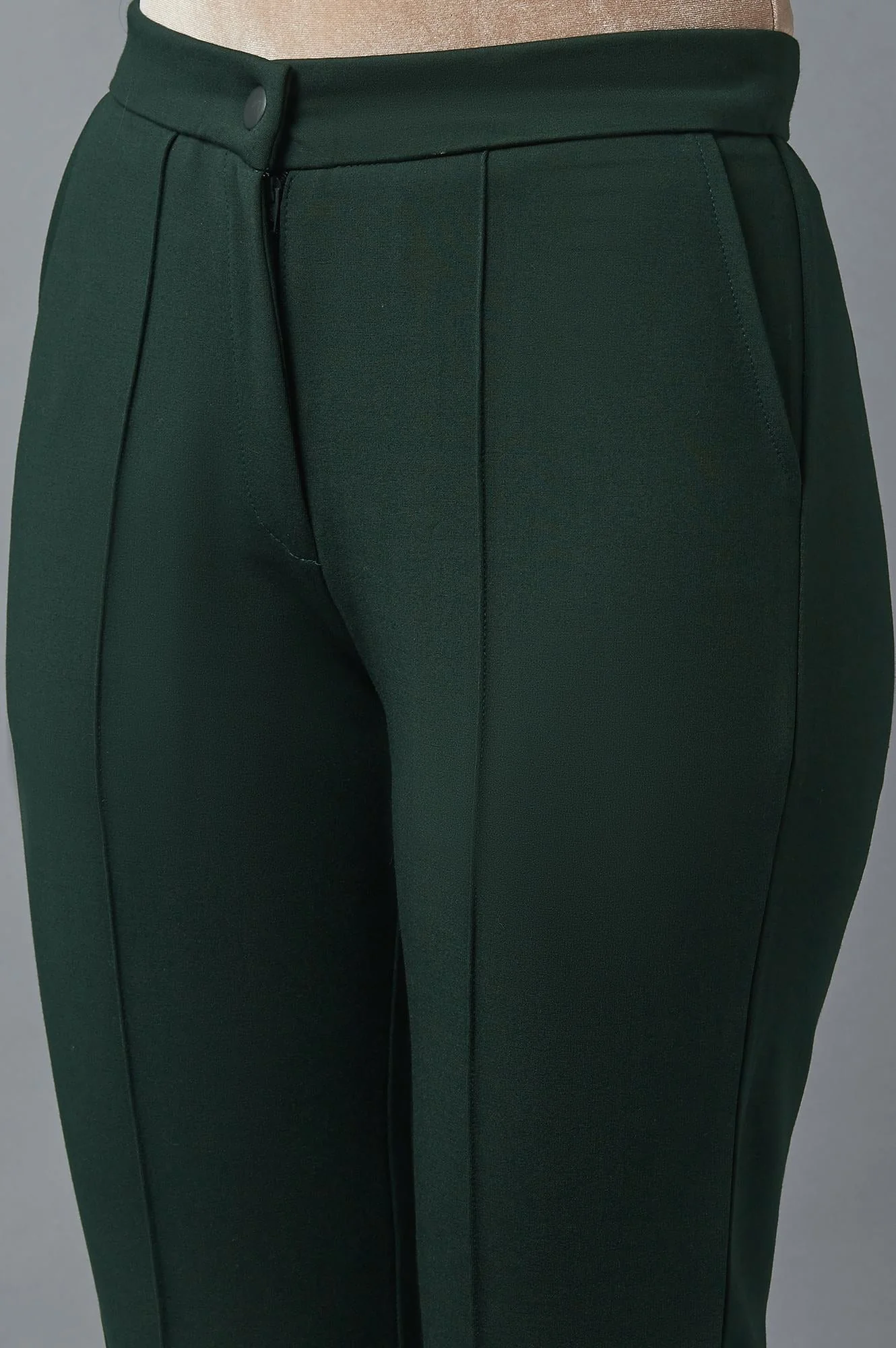 Bottle Green Solid Straight Fit Trousers With Pintuck Detail - Image 6