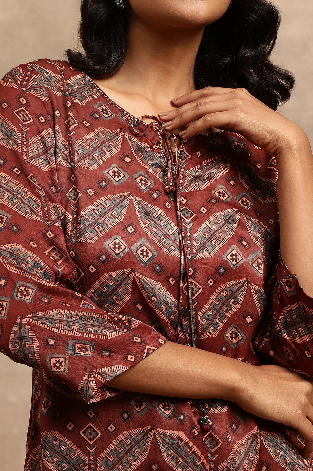 Brick Red Ajrakh kurta In Lustrous Satin - Image 6