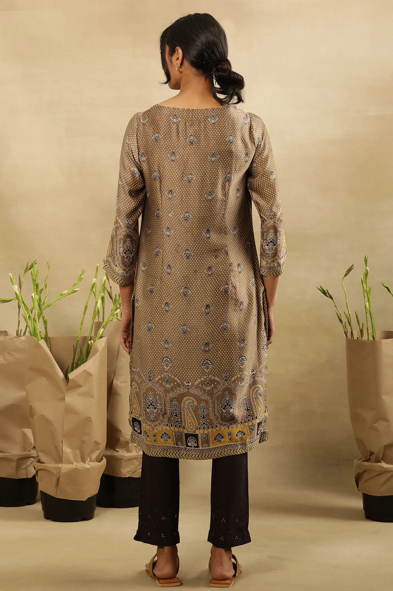 Brown All Over Booti Printed Kurta In Lustrous Satin - Image 4