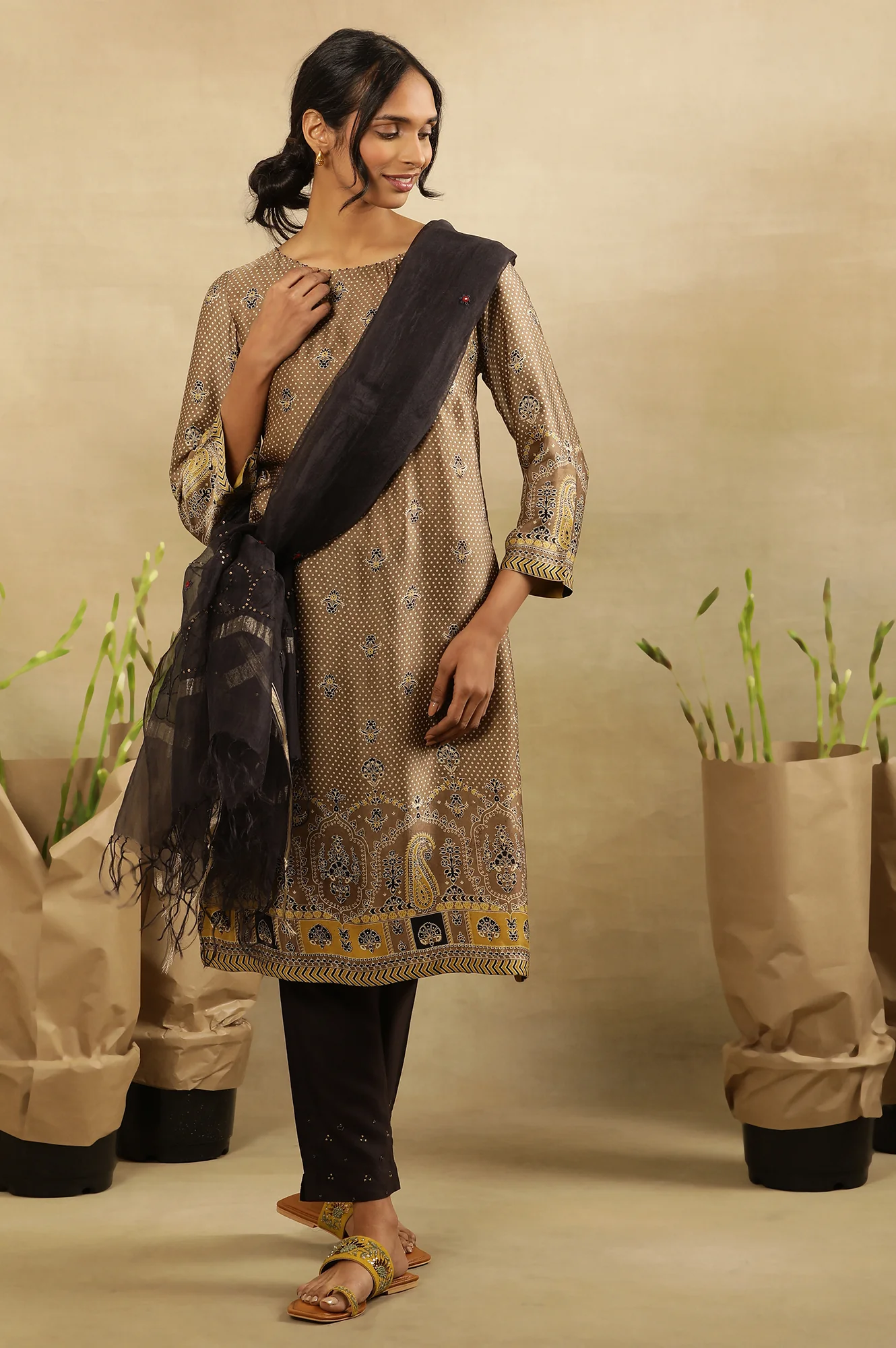 Brown All Over Booti Printed Kurta In Lustrous Satin - Image 6