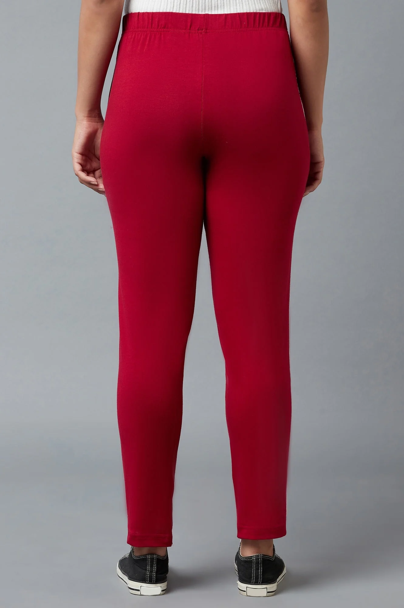 Red Solid Straight-fit Cotton Pants with Elasticated Waistband - Image 2