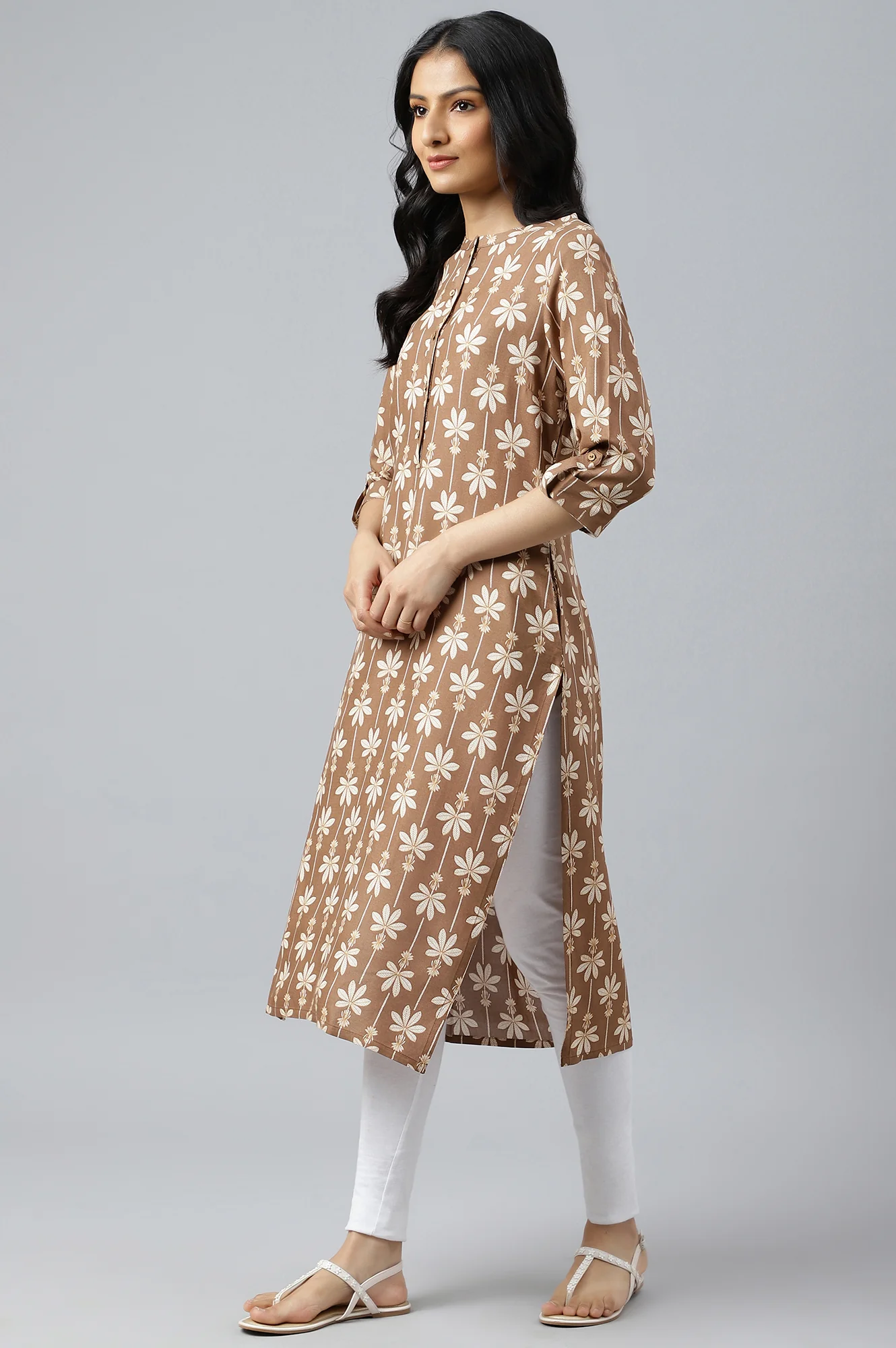 Brown Printed Button Down Kurta - Image 3
