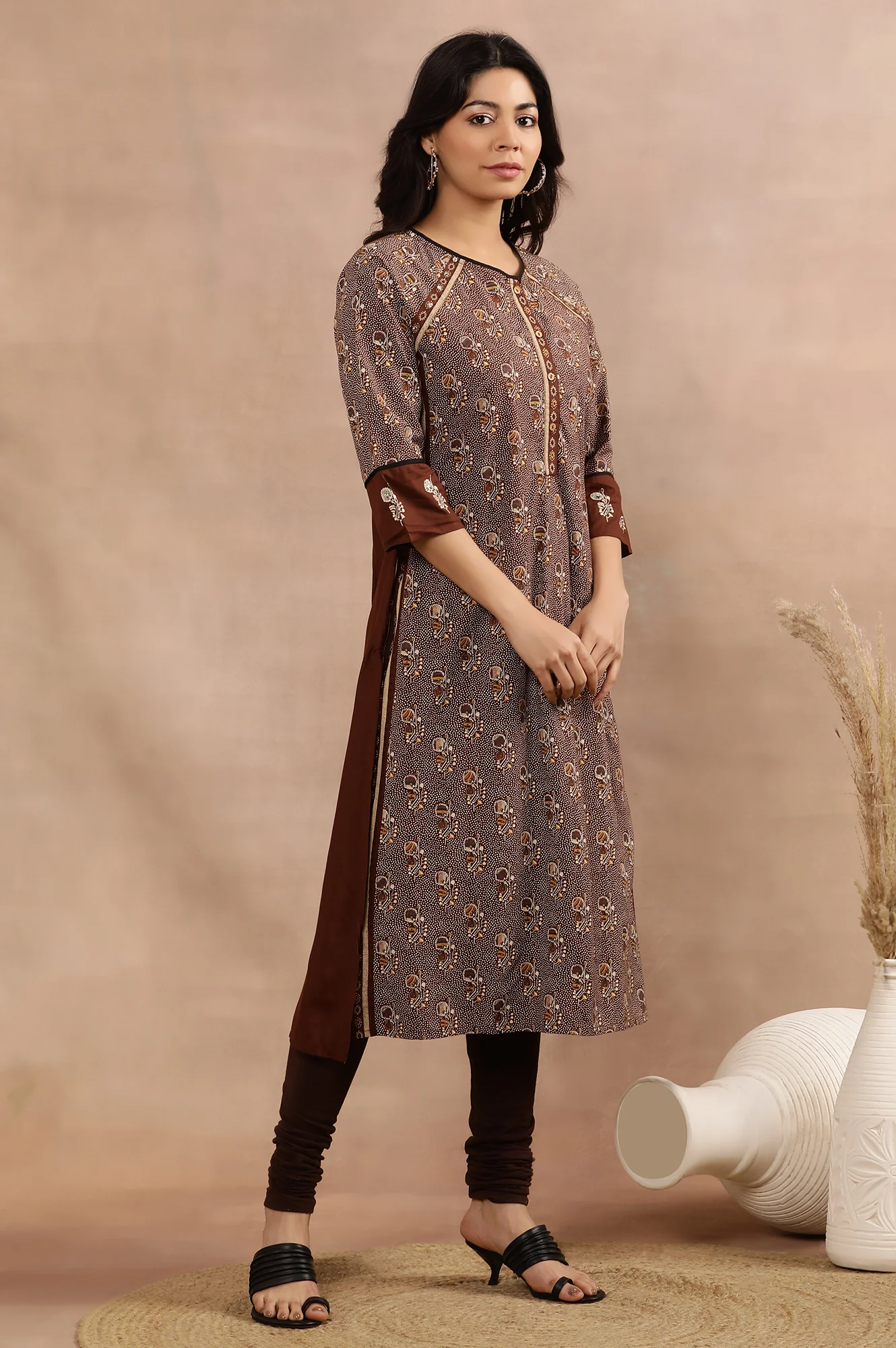Brown Printed Kurta, Churidar And Dupatta Set - Image 5