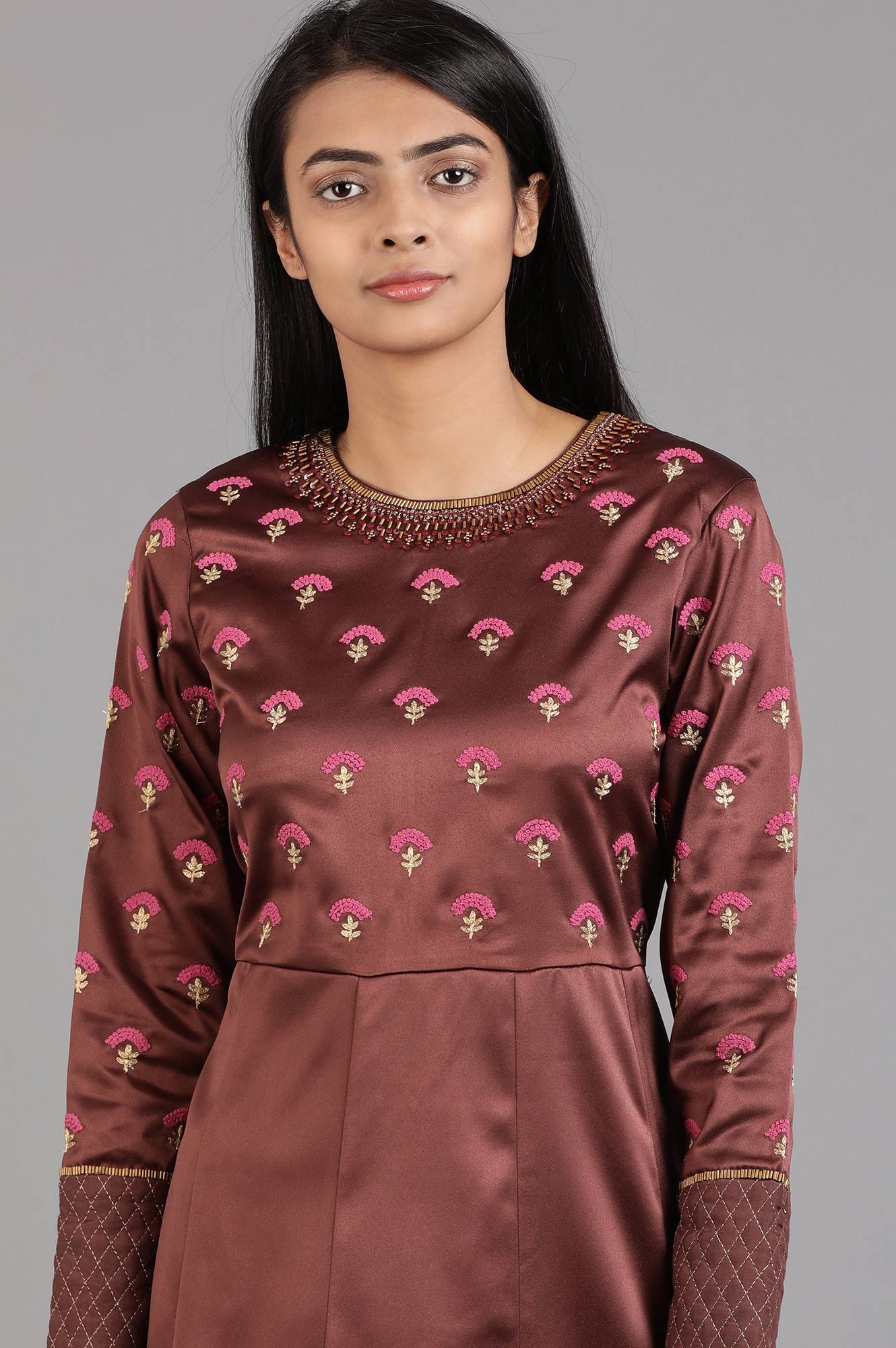 Brown Round Neck Solid Winter kurta - Image 6