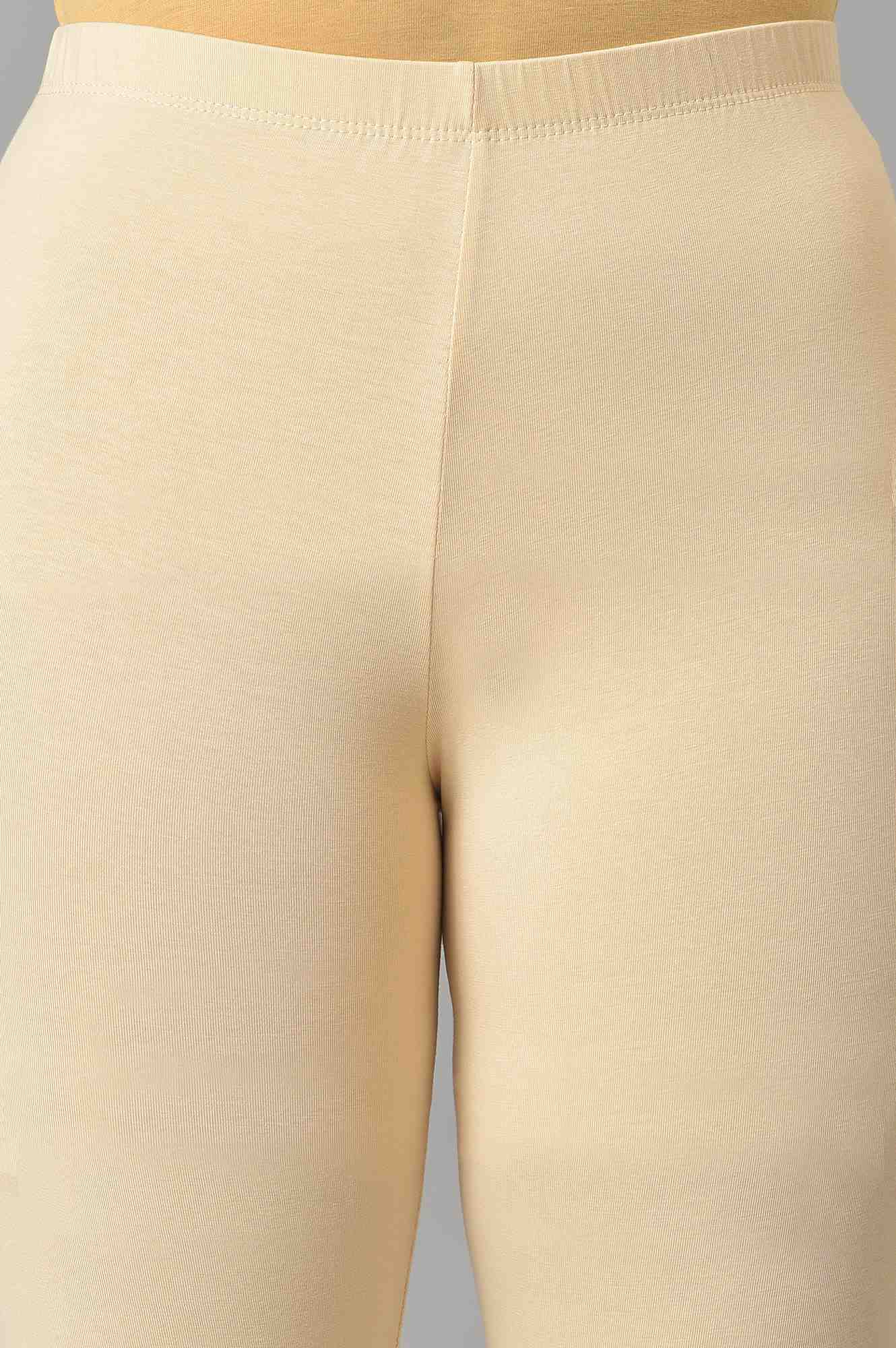Beige Solid Skinny Fit Cotton Tights With Elasticated Waistband - Image 12