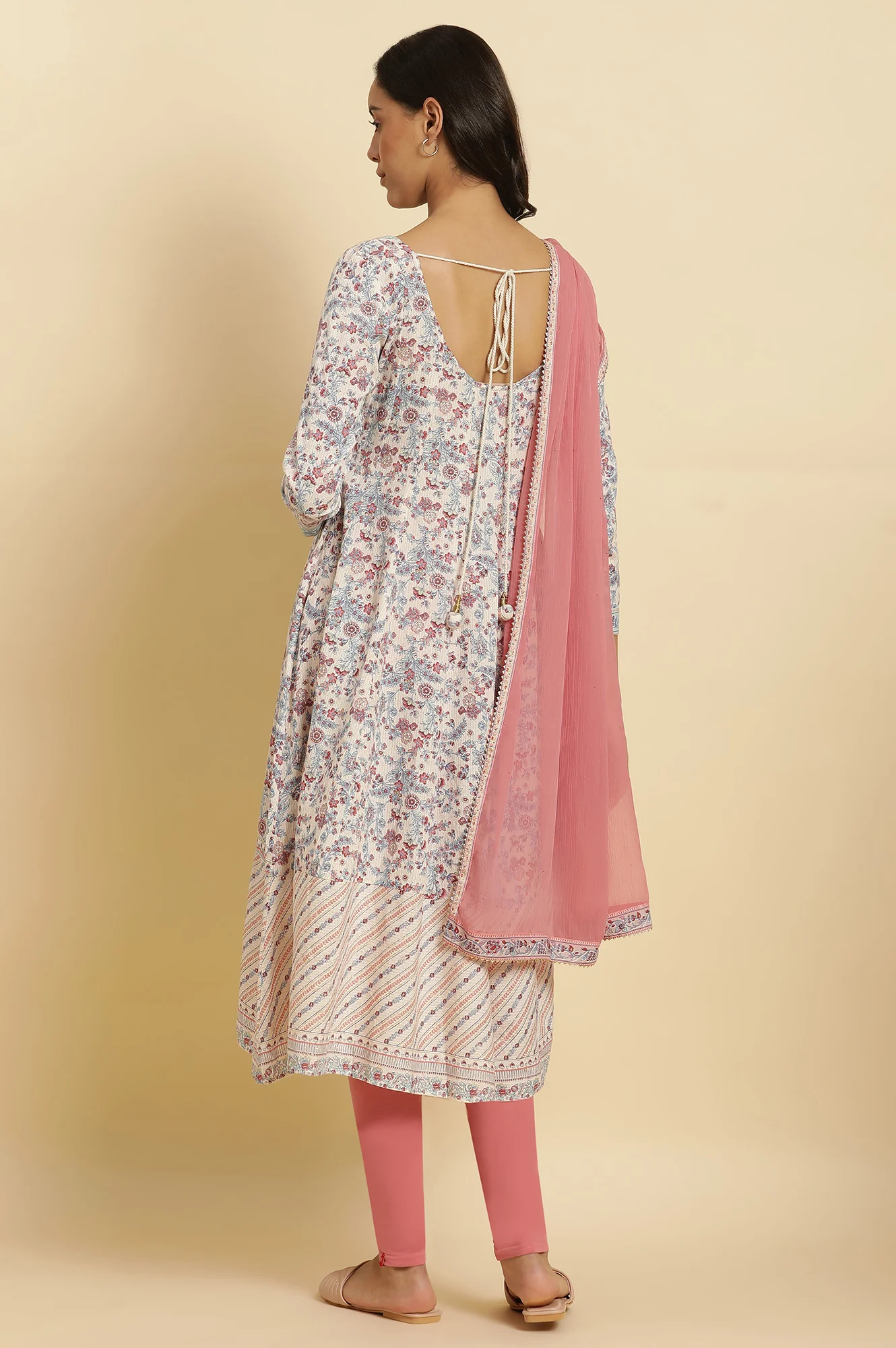 Cream Floral Printed Flared Kurta, Tights & Dupatta Set - Image 4