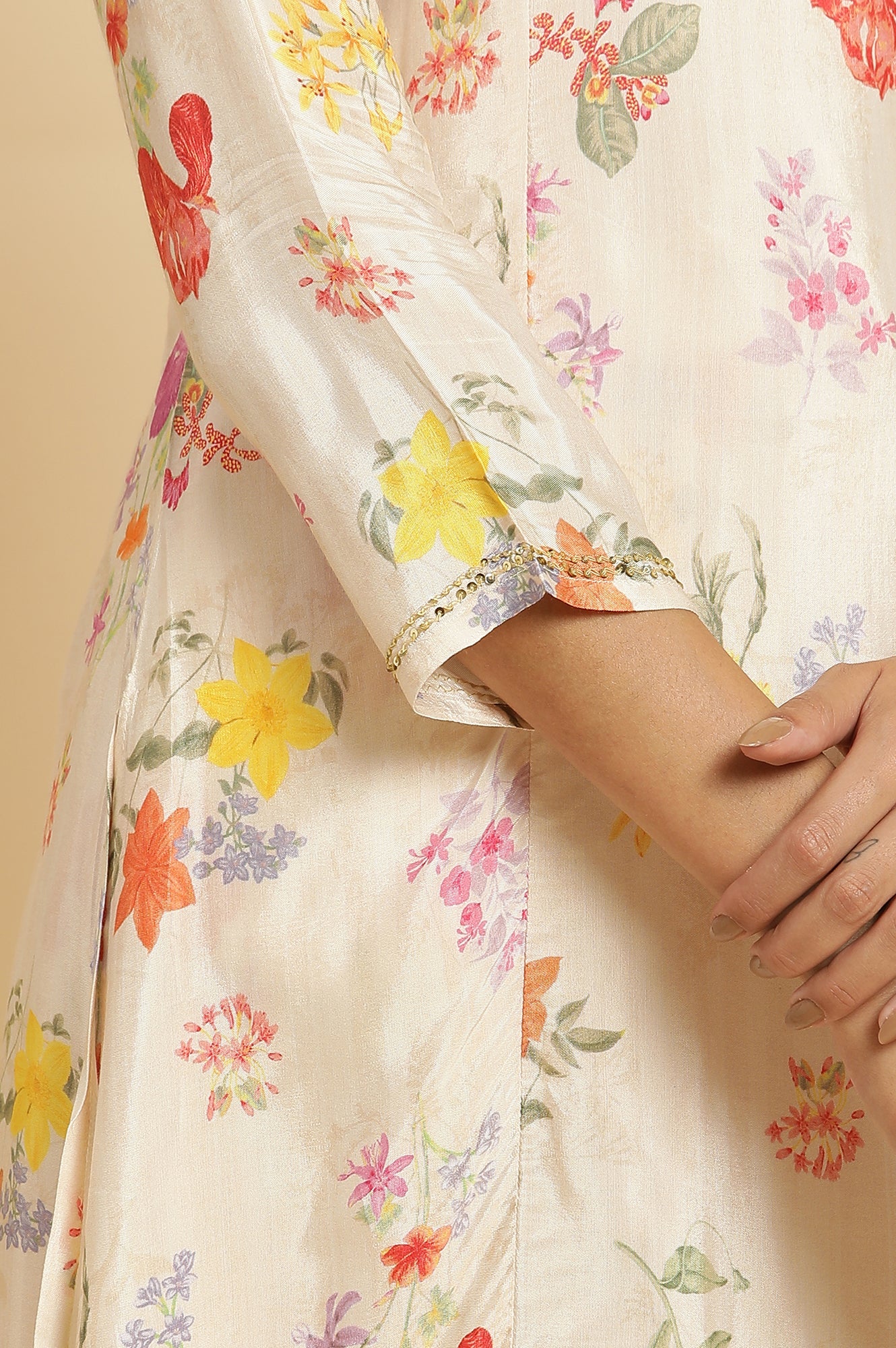 Cream Floral Printed Flared Kurta, Tights & Dupatta Set - Image 8
