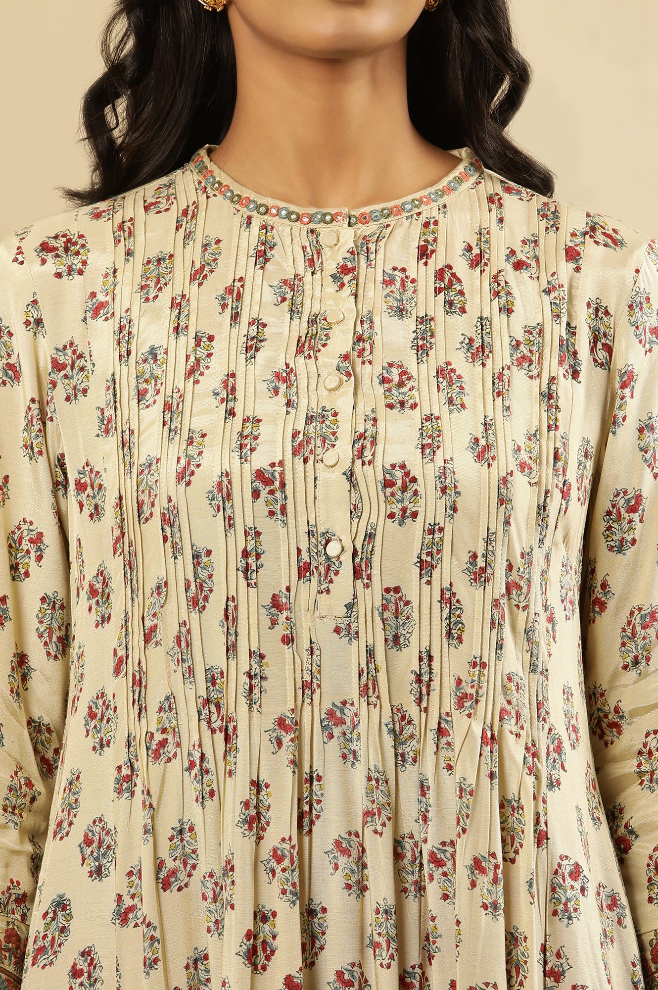 Cream Multicoloured Block Printed Pleated Kurta - Image 7