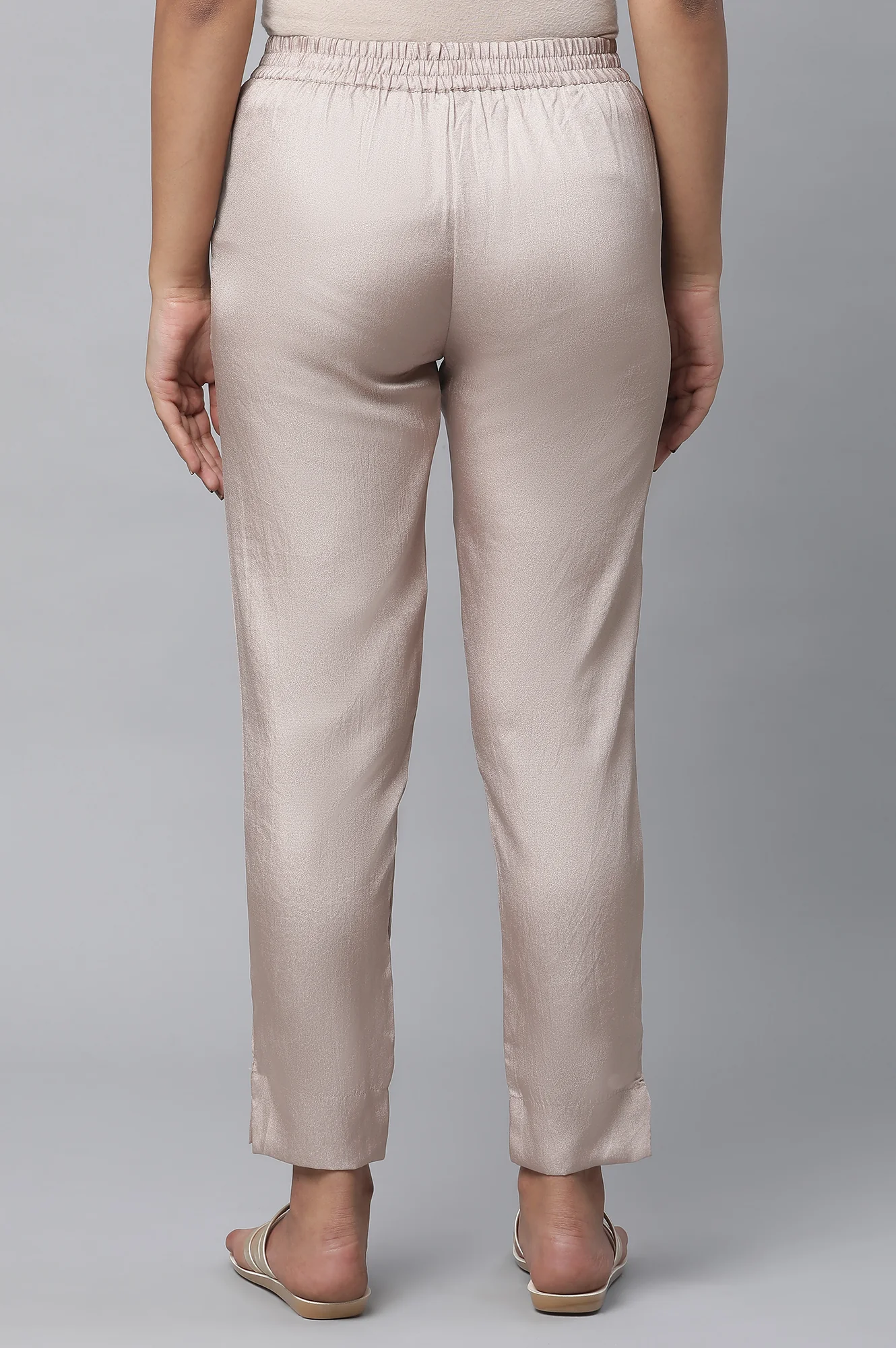 Gold Solid Straight Fit Satin Pants With Elasticated Waist - Image 2