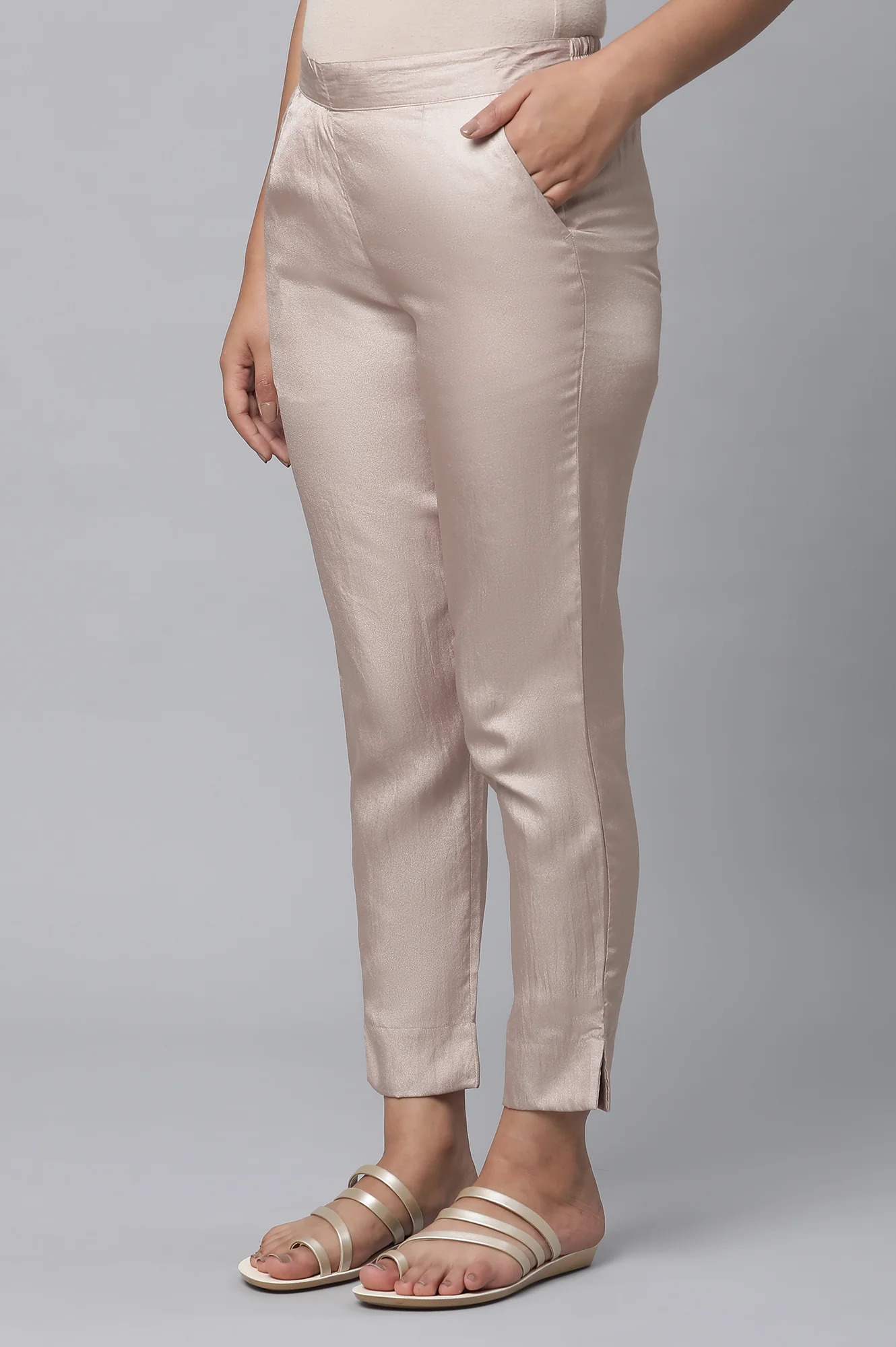 Gold Solid Straight Fit Satin Pants With Elasticated Waist - Image 3