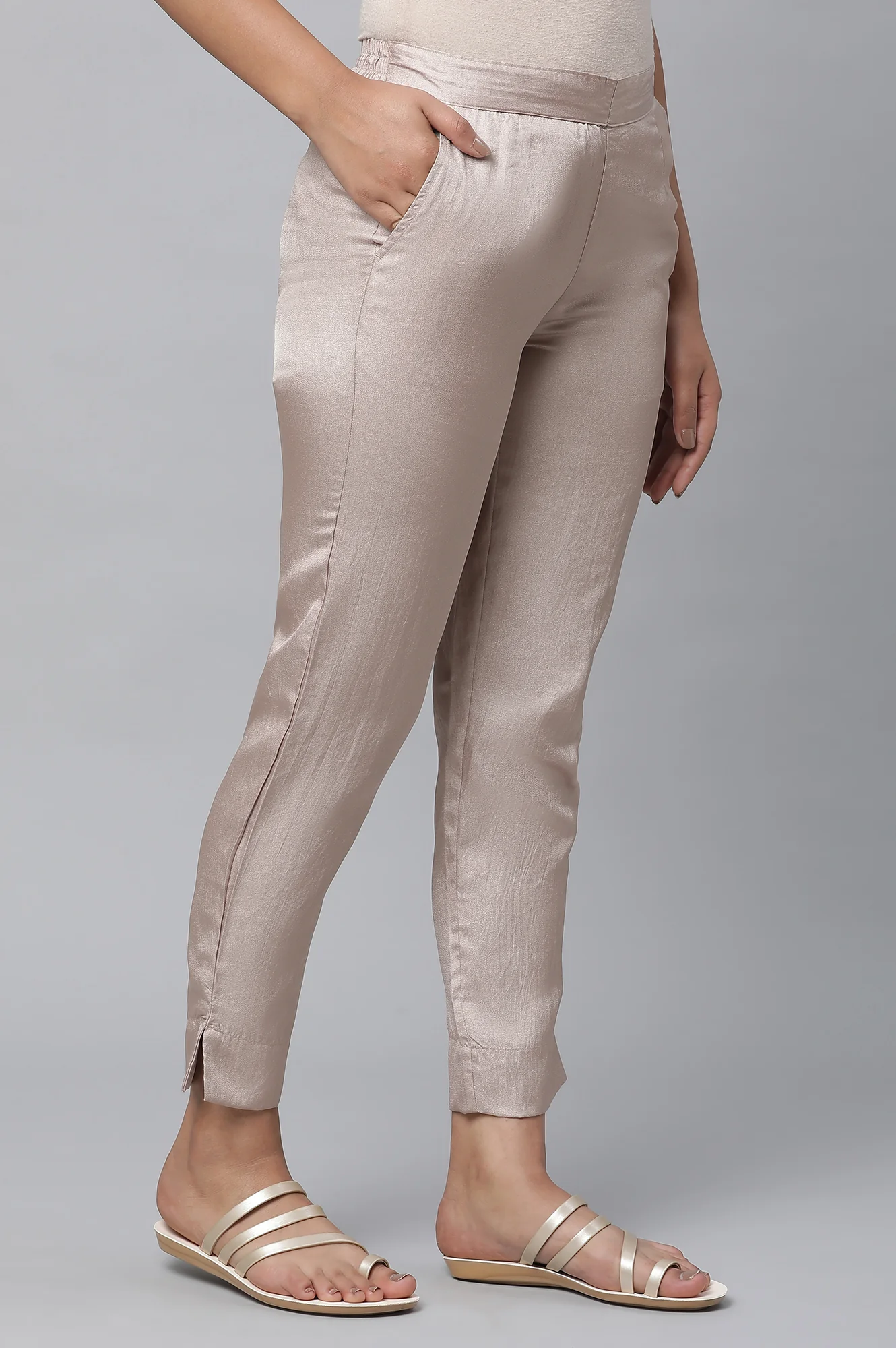 Gold Solid Straight Fit Satin Pants With Elasticated Waist - Image 4