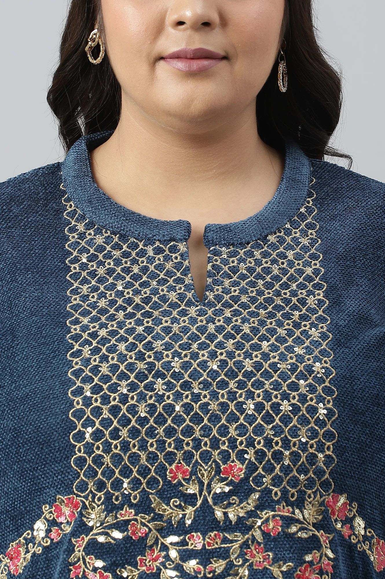 Dark Blue Embroidered Plus Size Winter kurta - Image 5