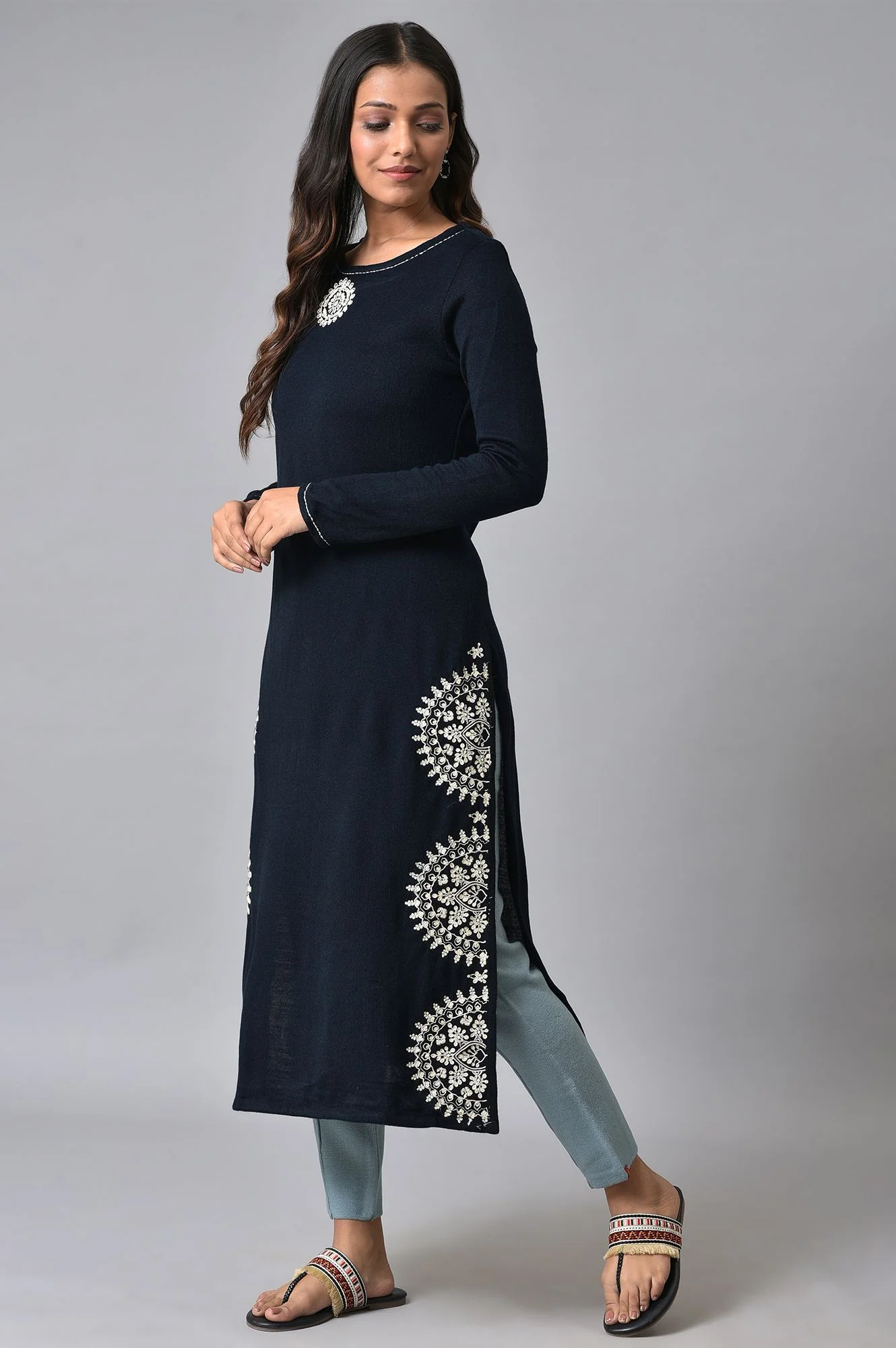 Dark Blue Embroidered Winter kurta - Image 3