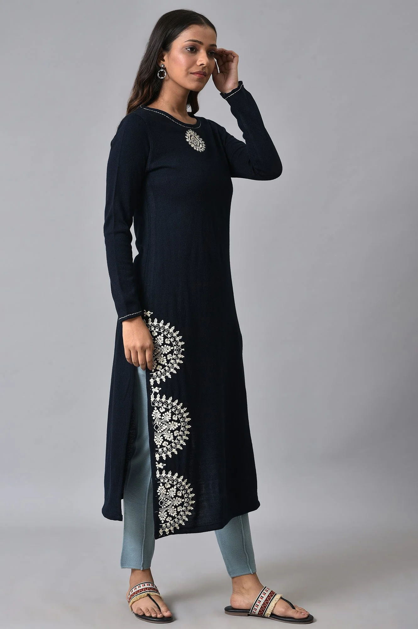 Dark Blue Embroidered Winter kurta - Image 4