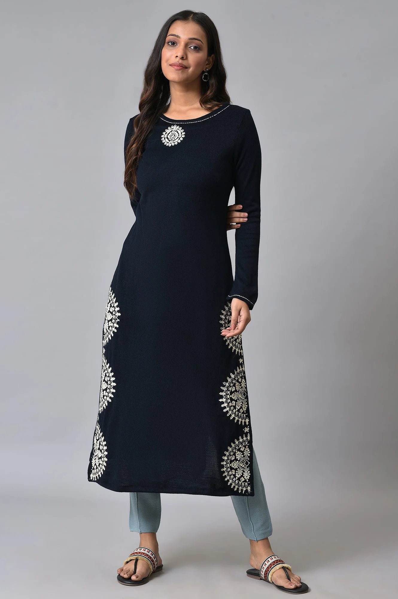 Dark Blue Embroidered Winter kurta - Image 6