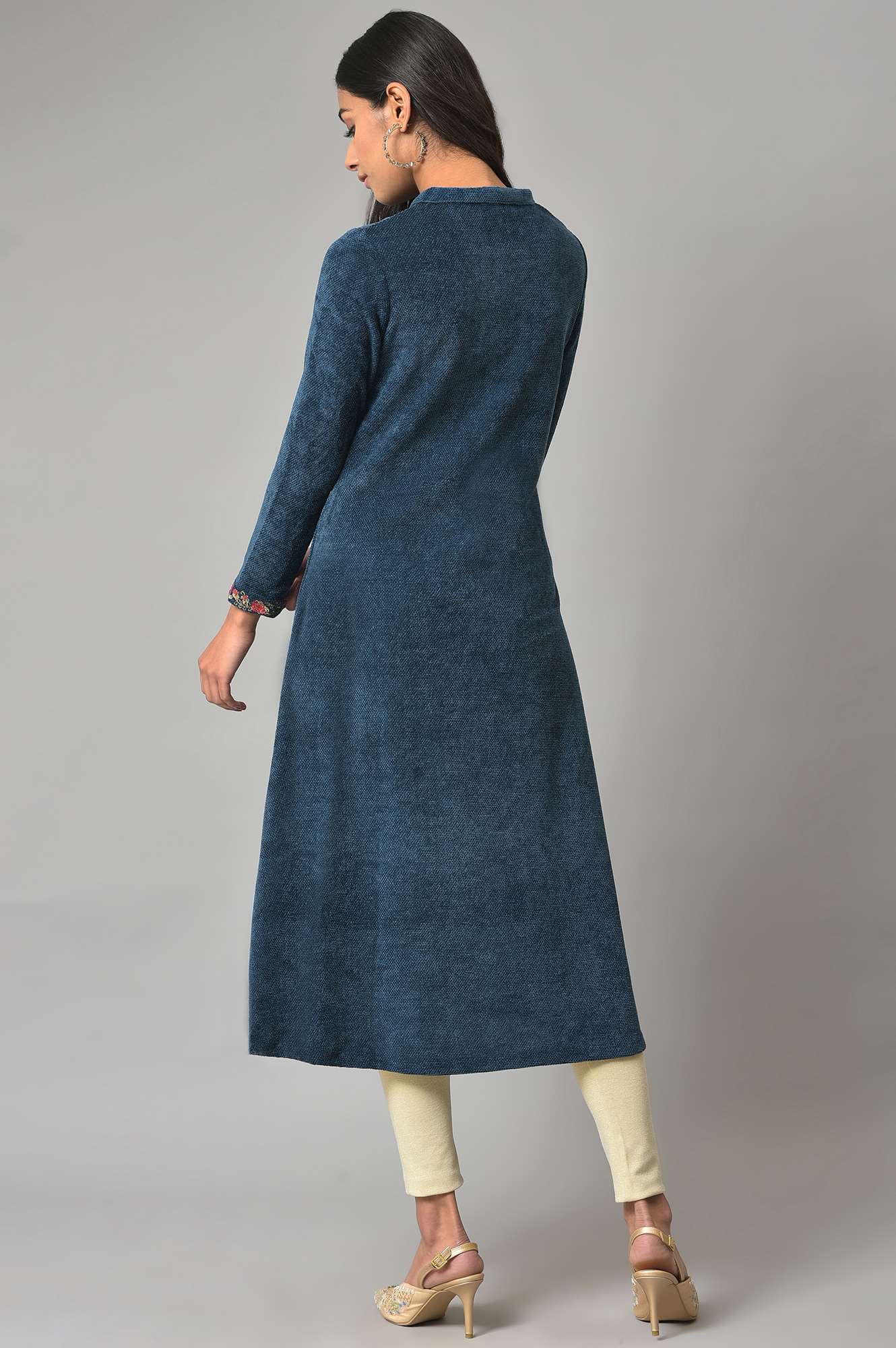 Dark Blue Embroidered Winter kurta - Image 2
