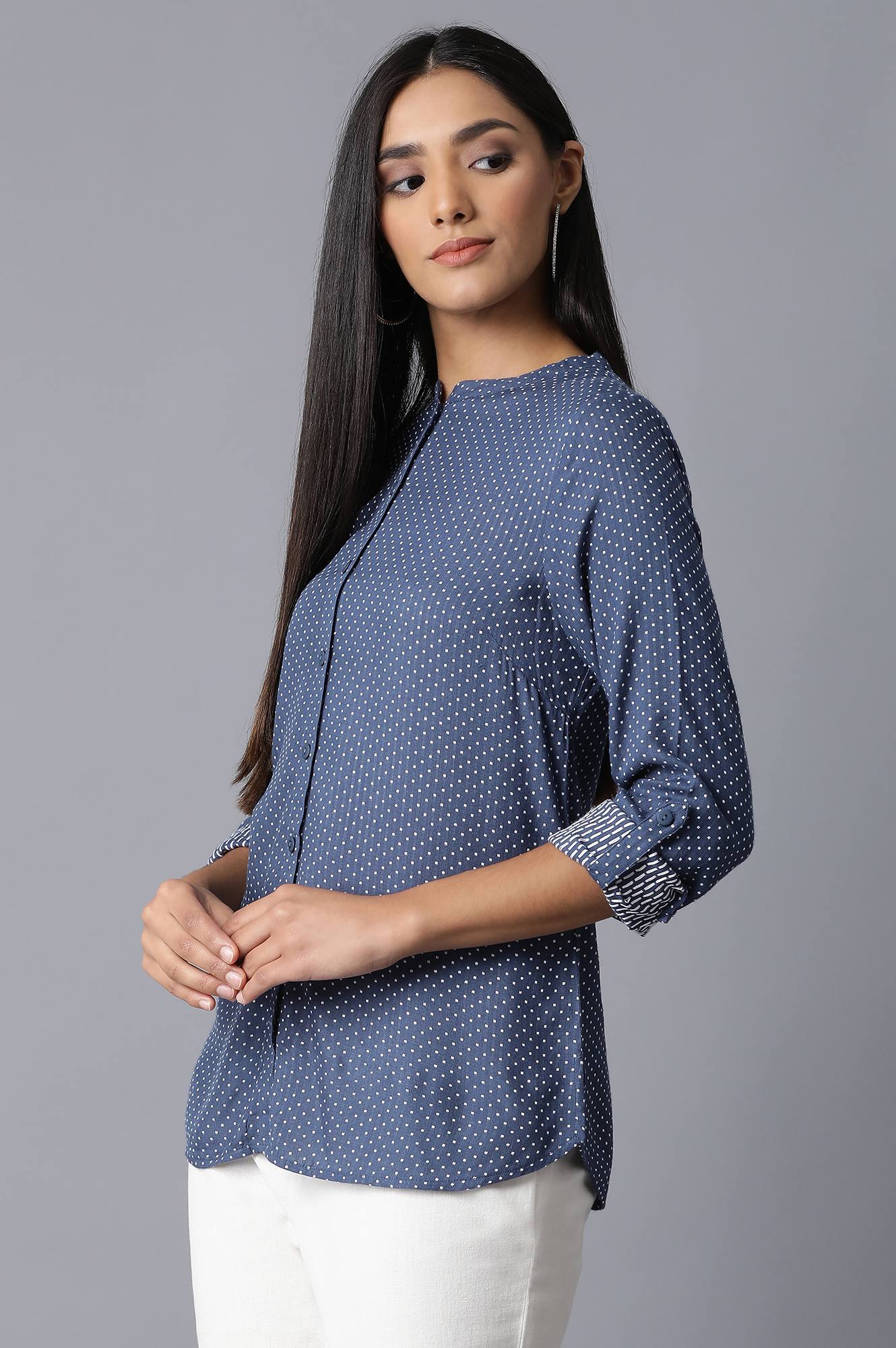Dark Blue Mandarin Collar Shirt - Image 3