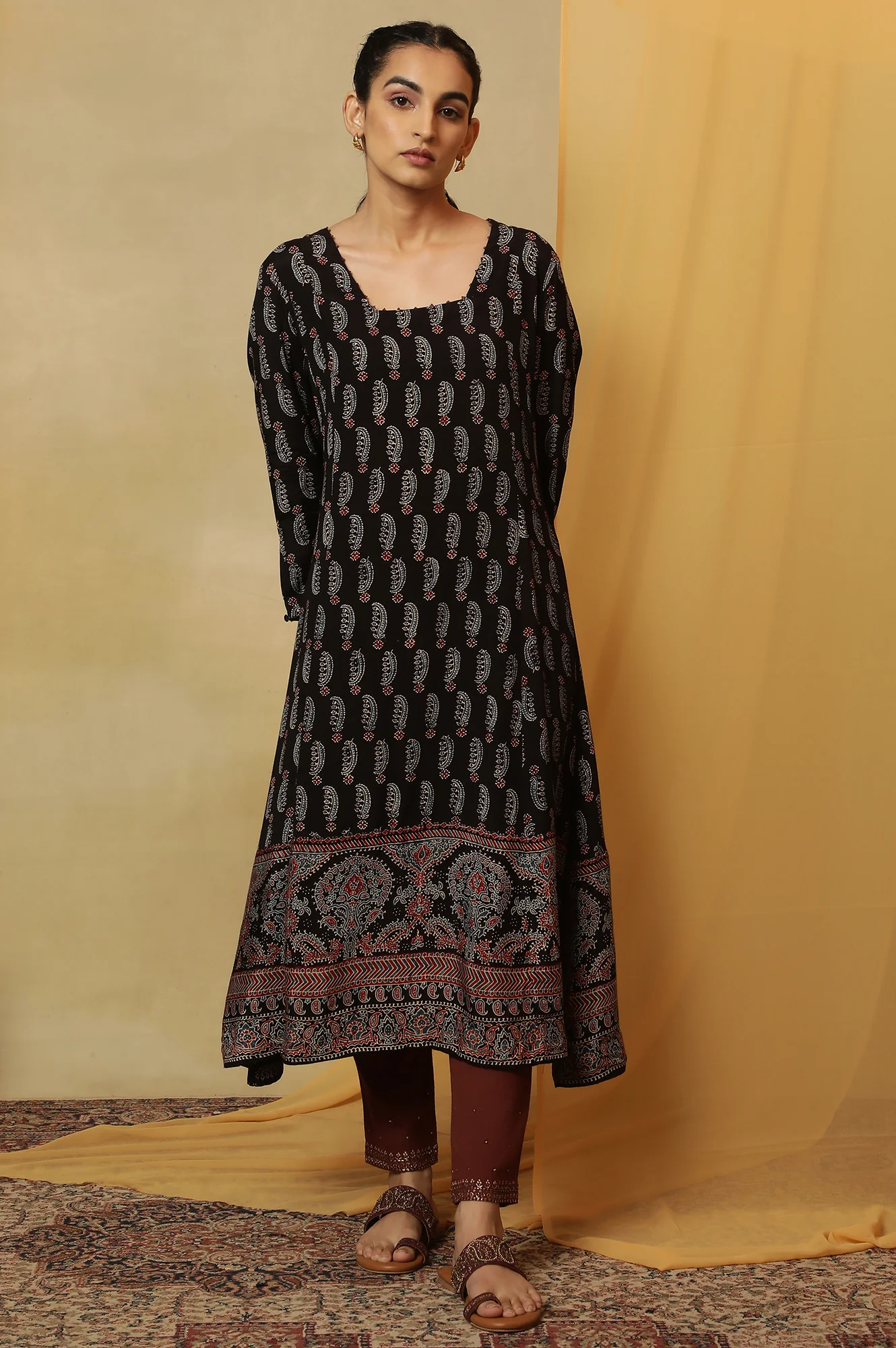 Dark Brown Ajrakh Printed Kalidar Kurta - Image 2