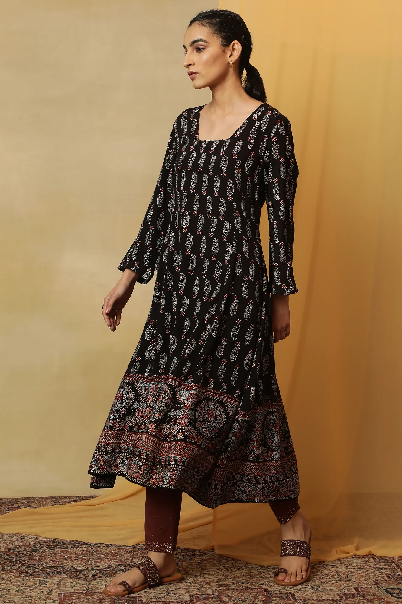 Dark Brown Ajrakh Printed Kalidar Kurta - Image 3