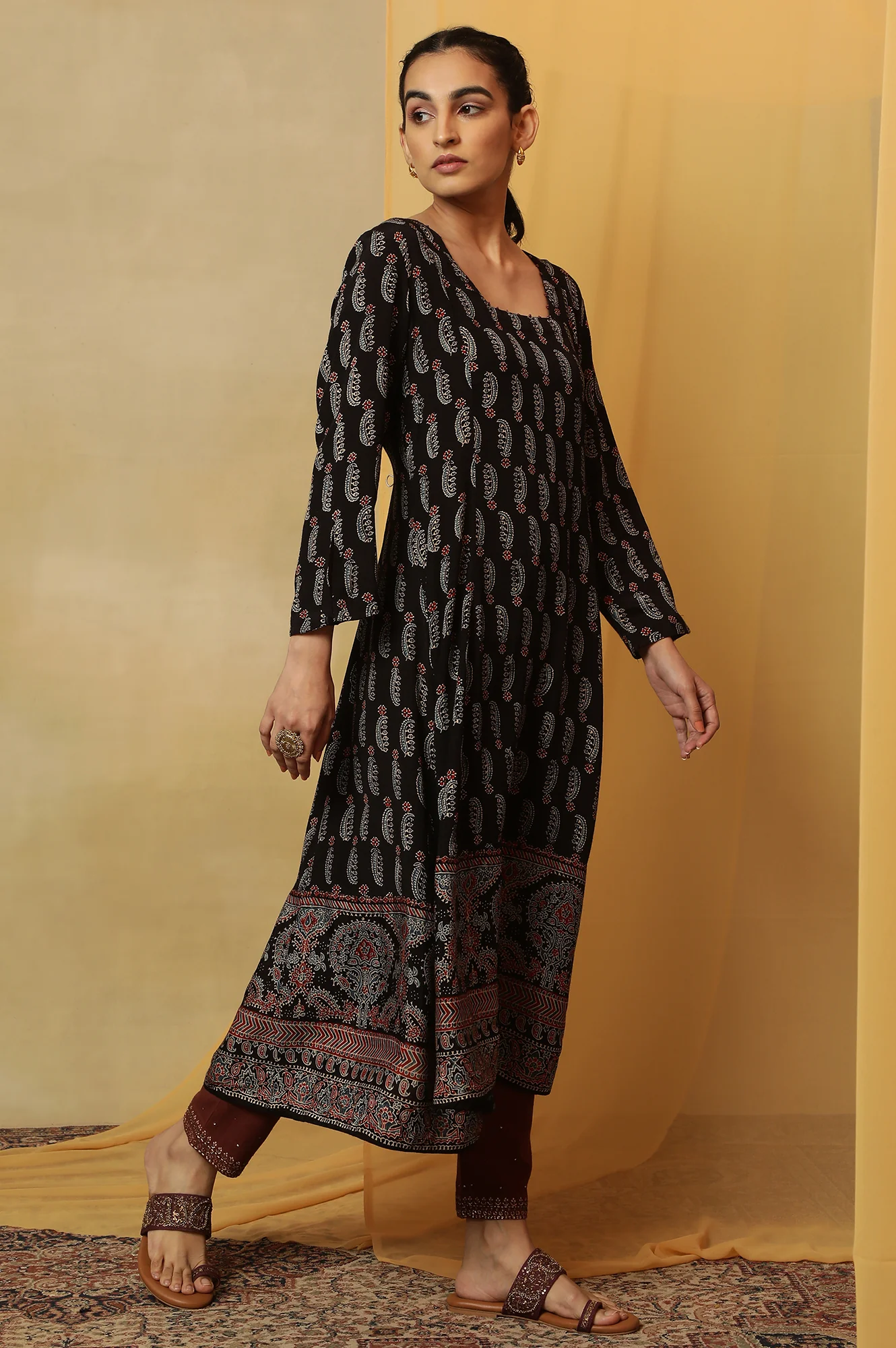 Dark Brown Ajrakh Printed Kalidar Kurta - Image 5