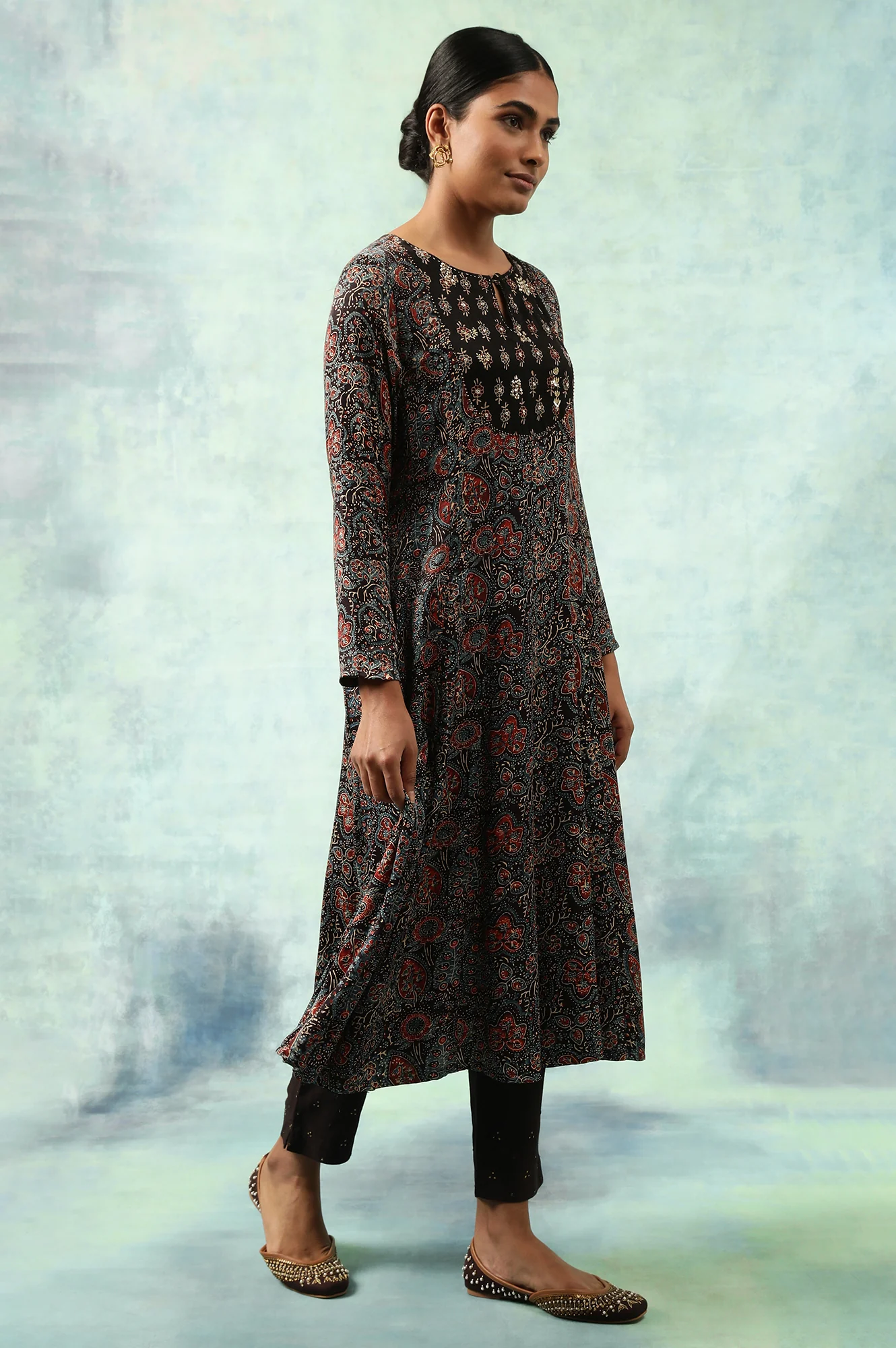 Dark Brown Ajrakh Printed Kalidar Kurta - Image 3