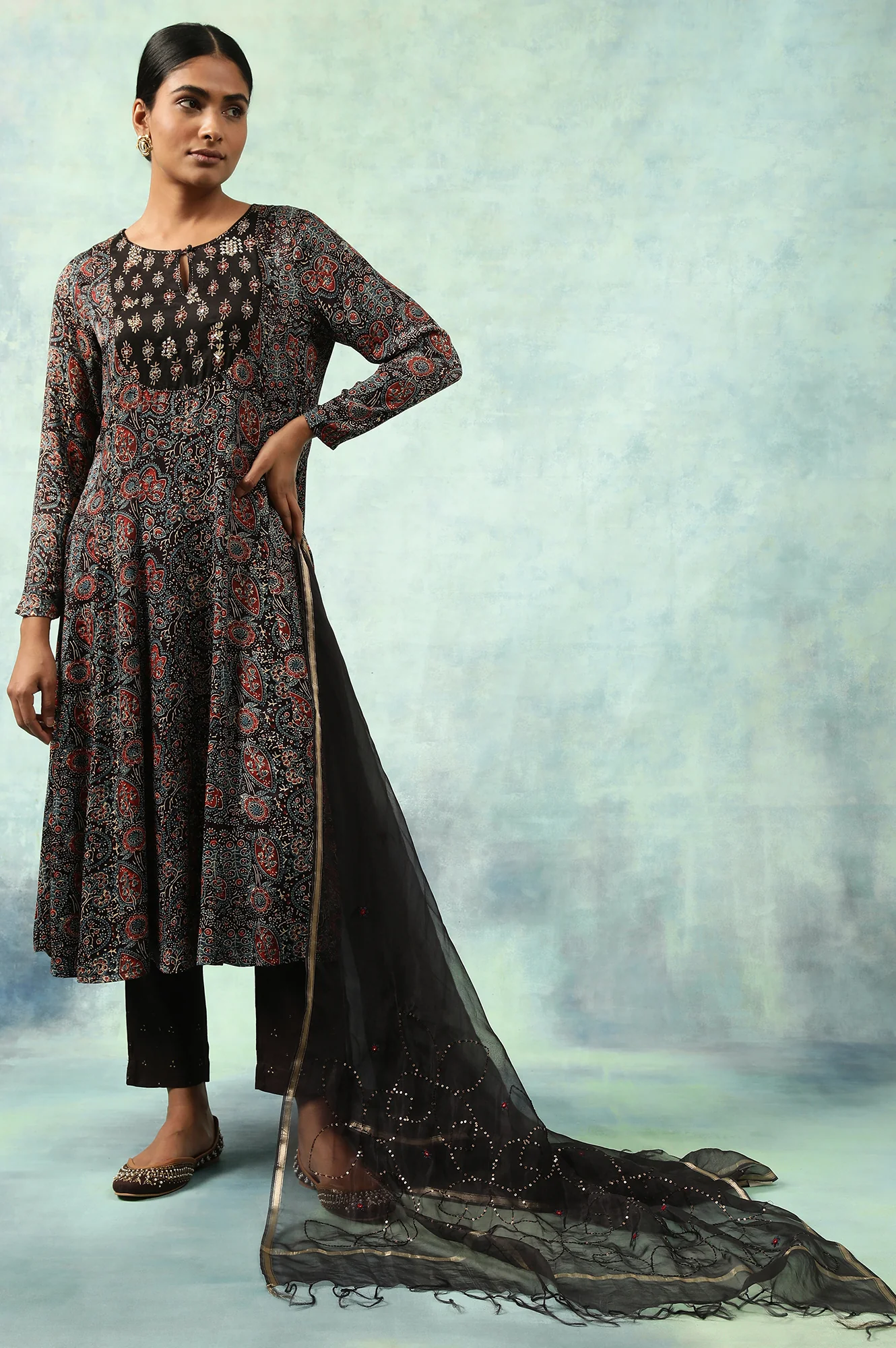 Dark Brown Ajrakh Printed Kalidar Kurta - Image 4
