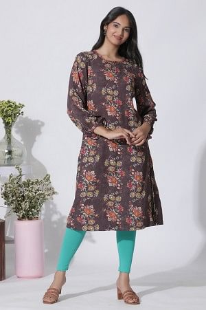 Dark Brown Floral Printed Straight Kurta - Image 2