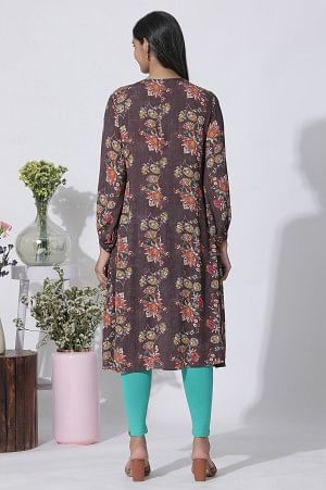 Dark Brown Floral Printed Straight Kurta - Image 4