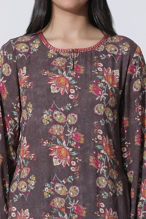 Dark Brown Floral Printed Straight Kurta - Image 6