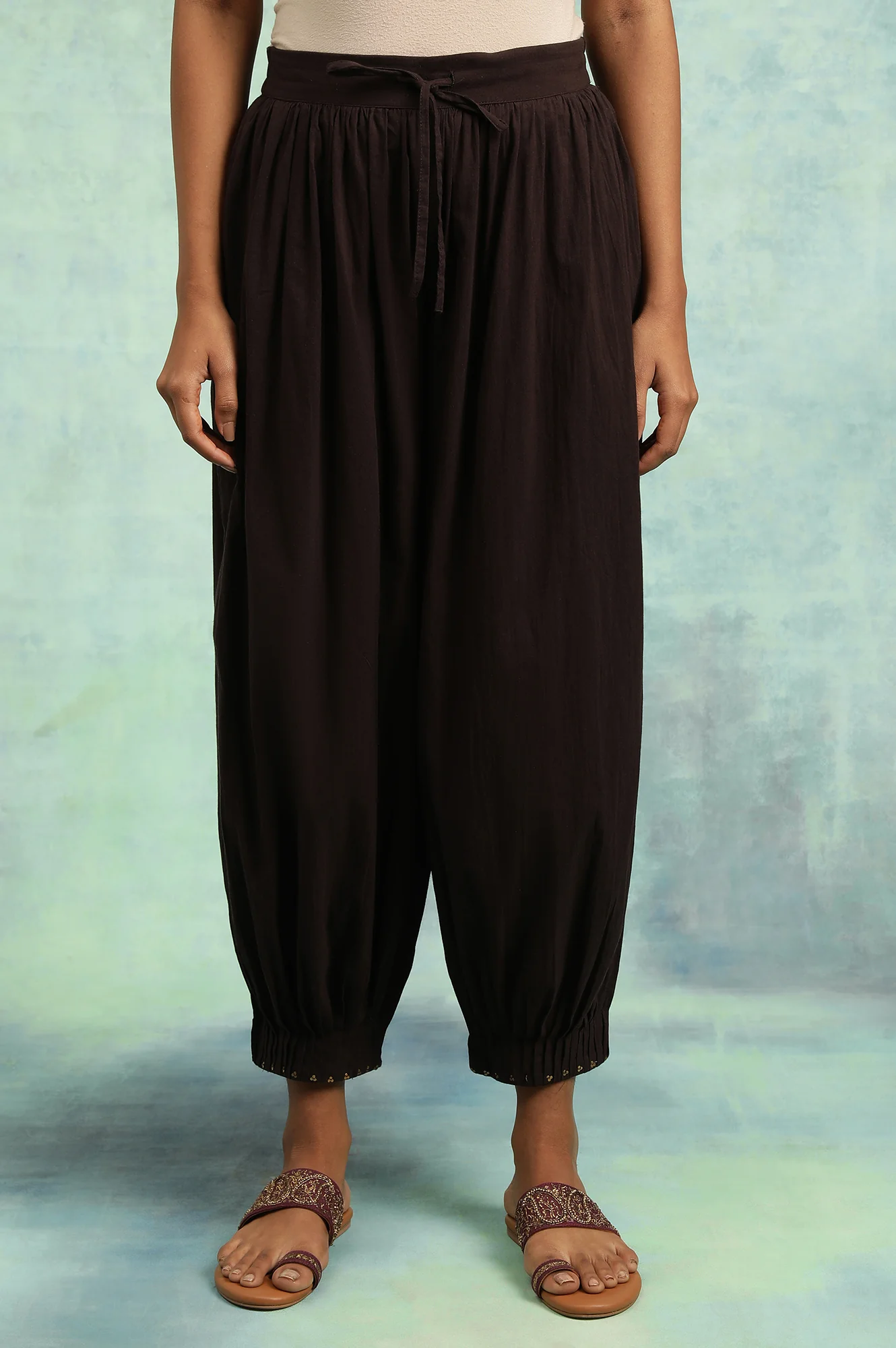 Dark Brown Pleated Hem Salwar Pants - Image 2