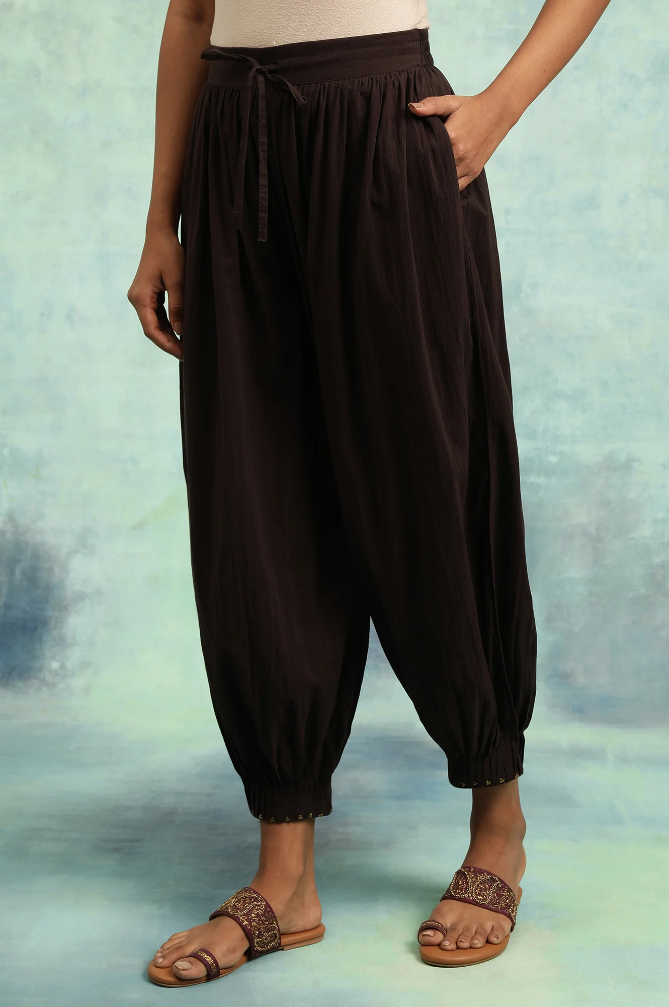 Dark Brown Pleated Hem Salwar Pants - Image 4