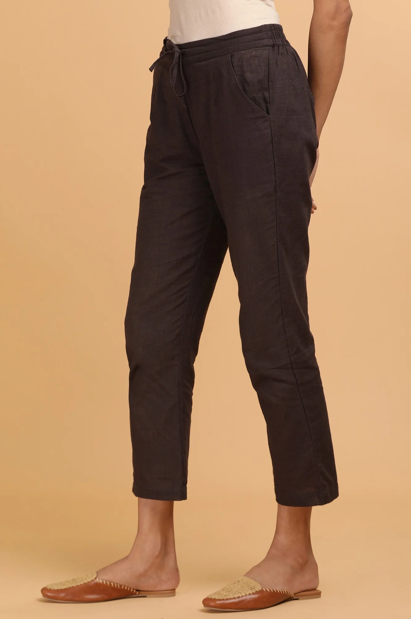 Dark Brown Solid Straight Pants - Image 3