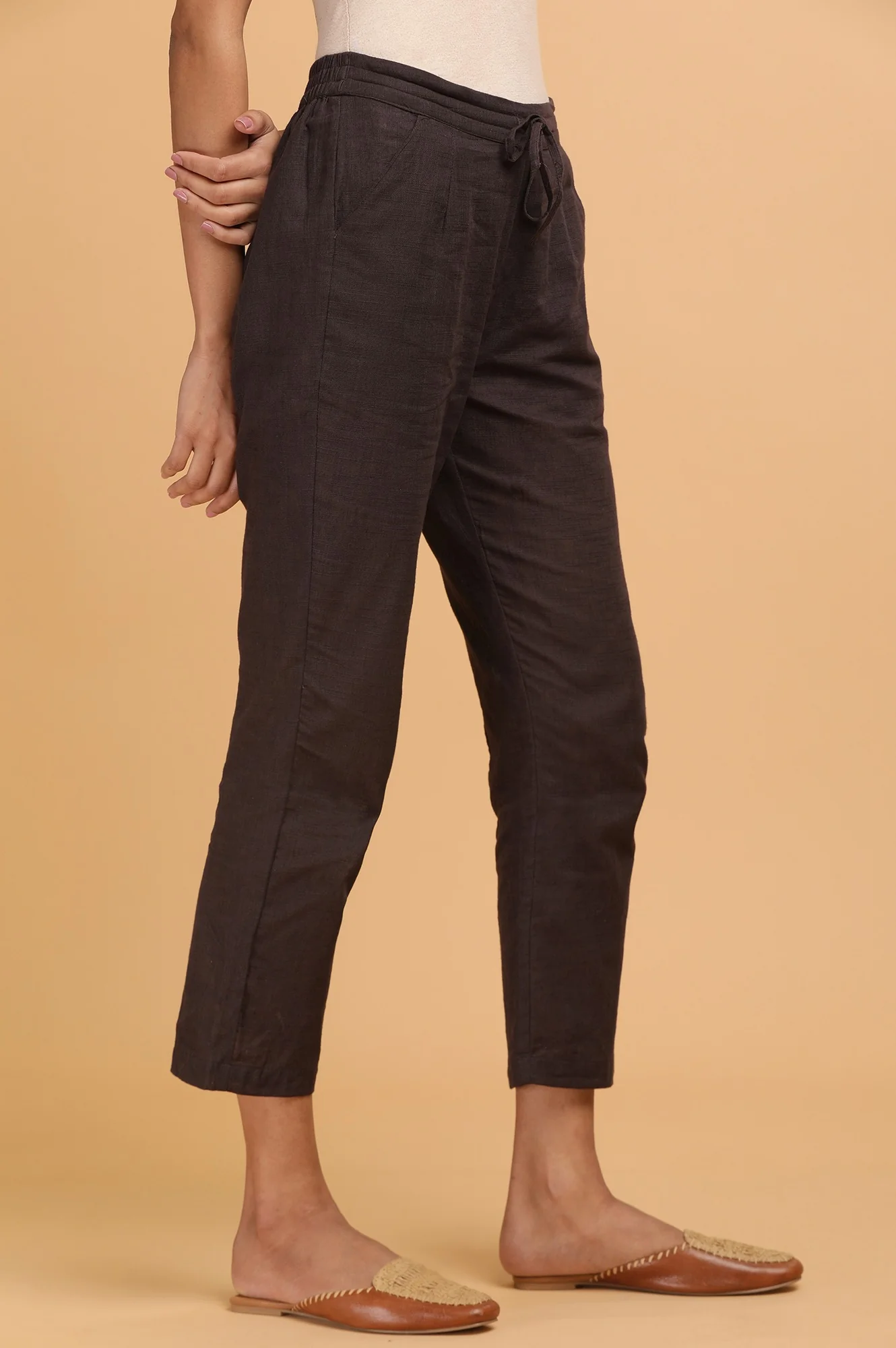 Dark Brown Solid Straight Pants - Image 4